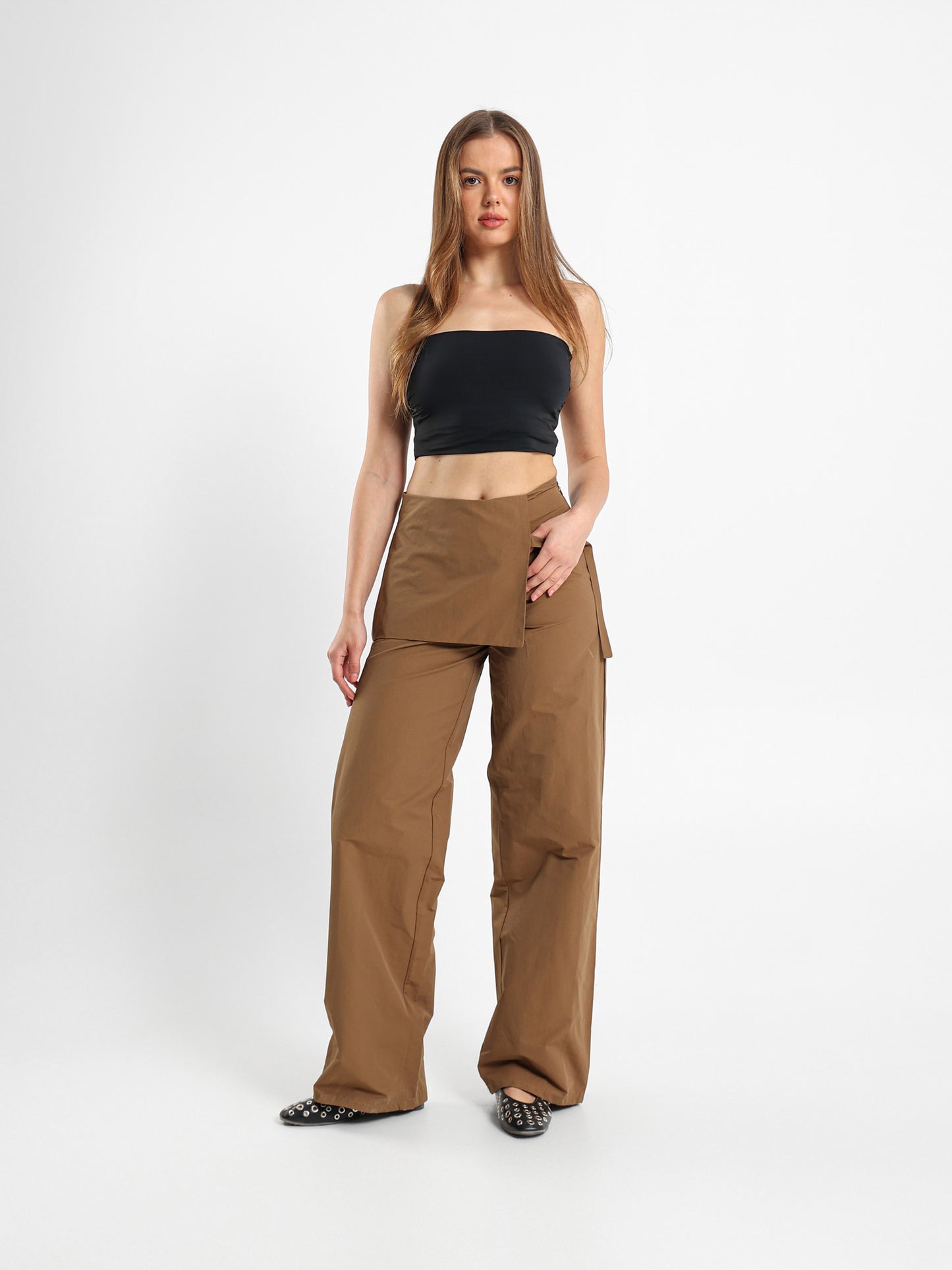 Wide Leg Pants With Overlapping Skirt Detail