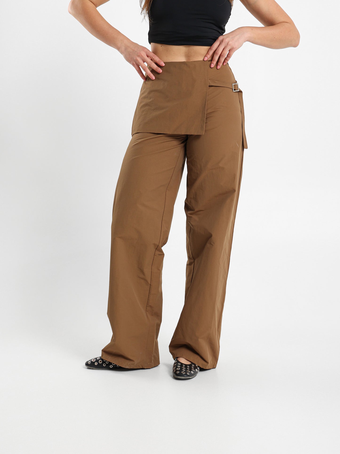 Wide Leg Pants With Overlapping Skirt Detail