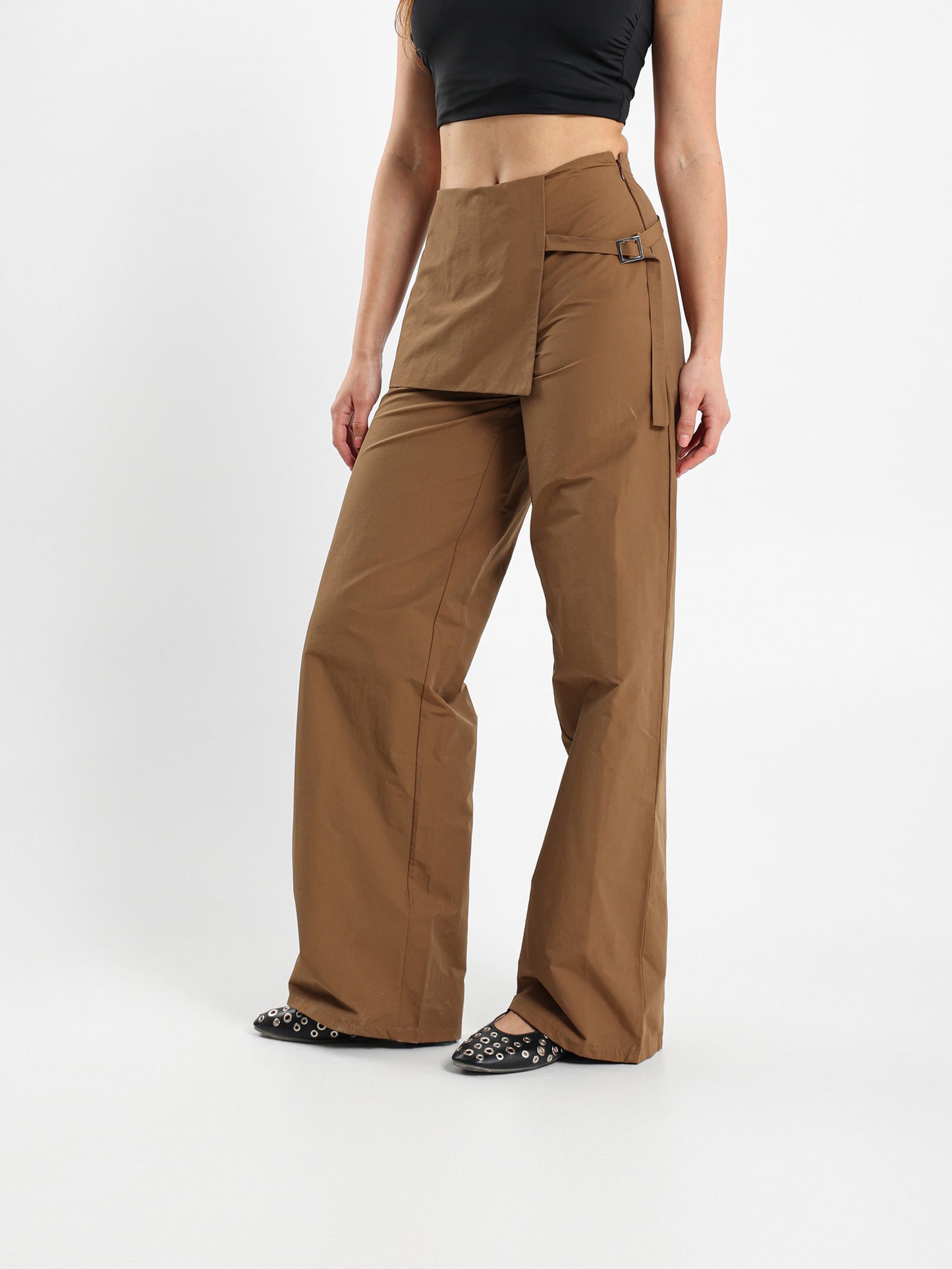 Wide Leg Pants With Overlapping Skirt Detail