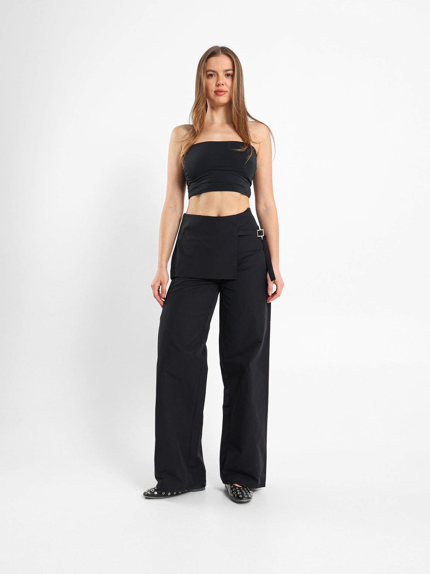 Wide Leg Pants With Overlapping Skirt Detail