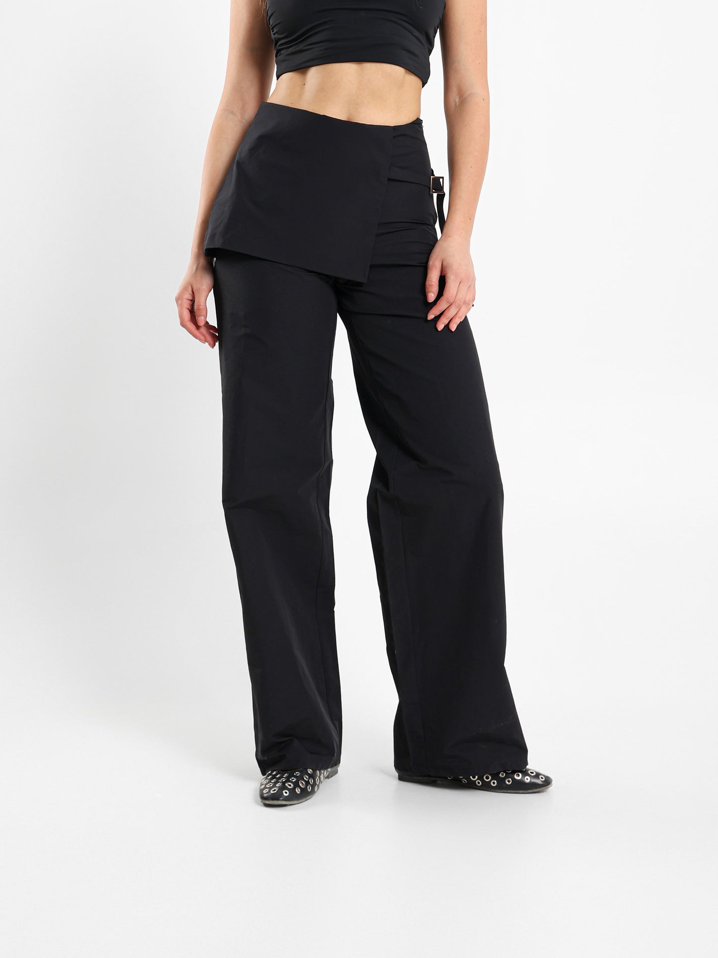 Wide Leg Pants With Overlapping Skirt Detail