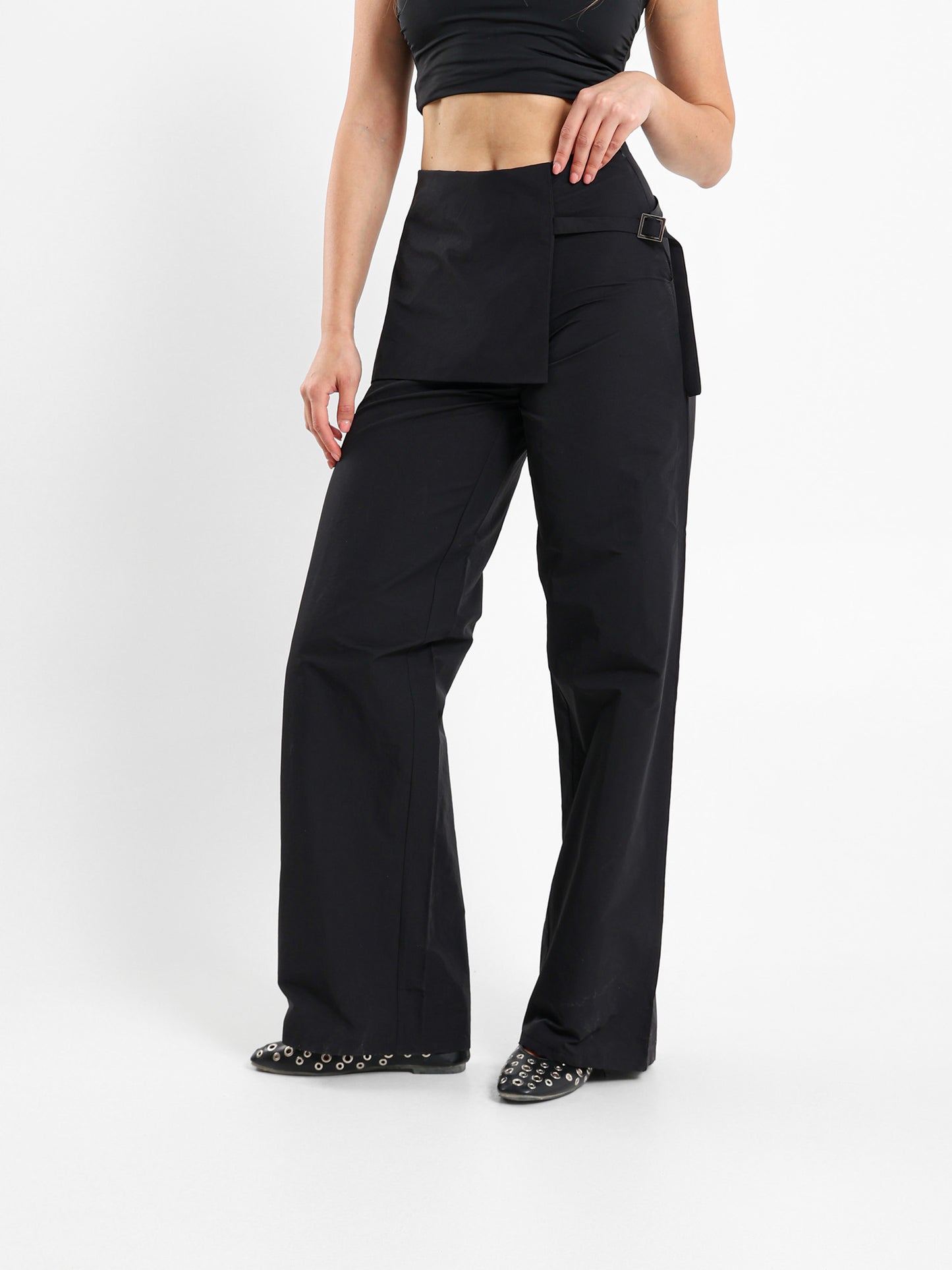 Wide Leg Pants With Overlapping Skirt Detail