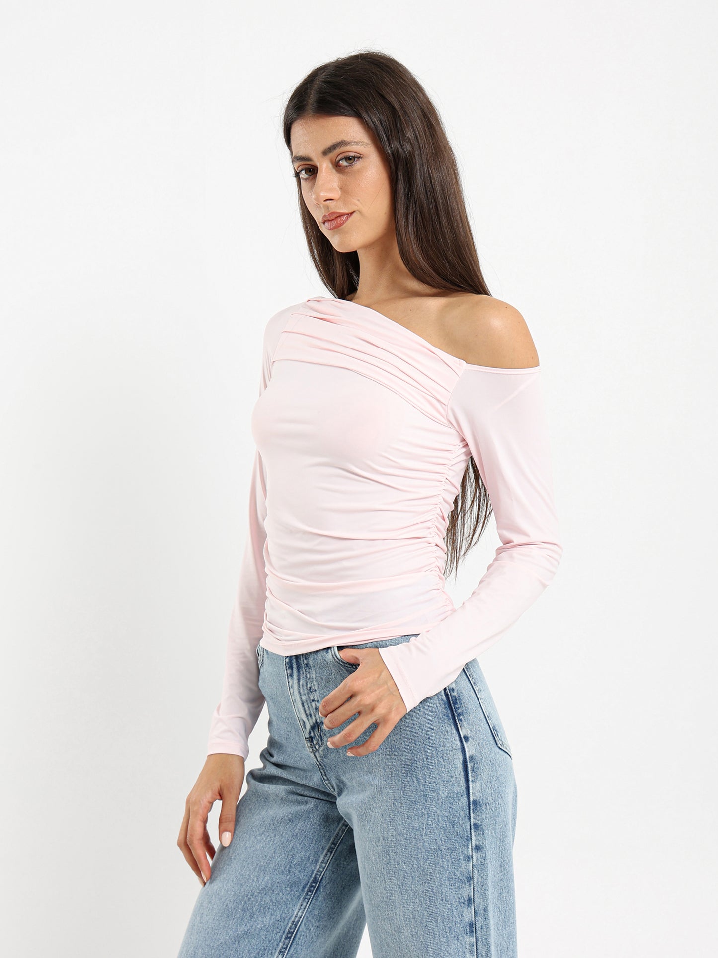 One Shoulder Ruched Long Sleeve Top
