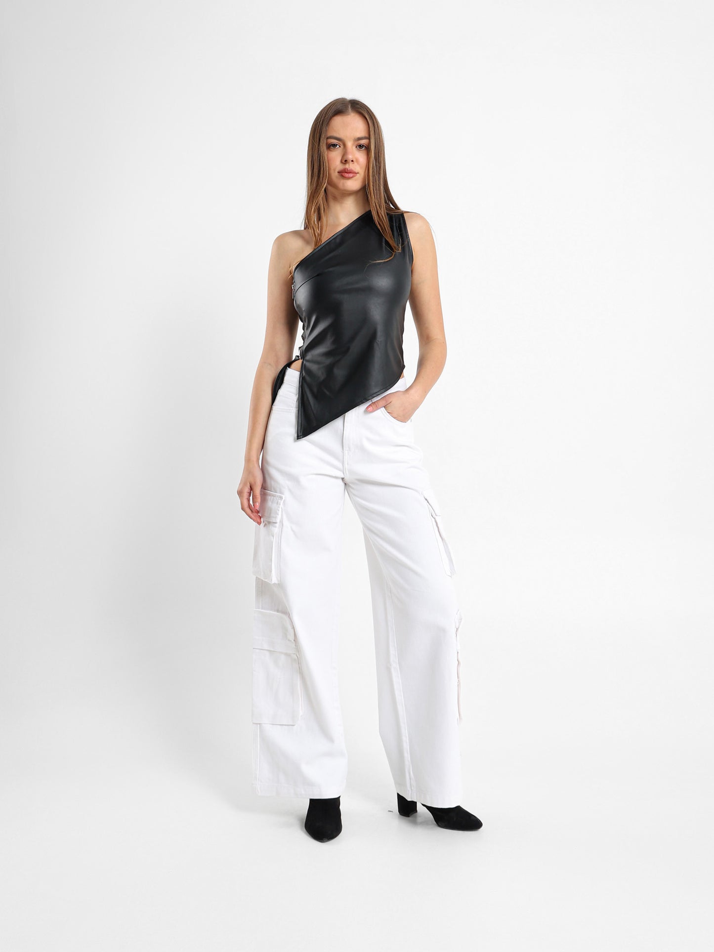 One Shoulder Leather Top With Side Slit