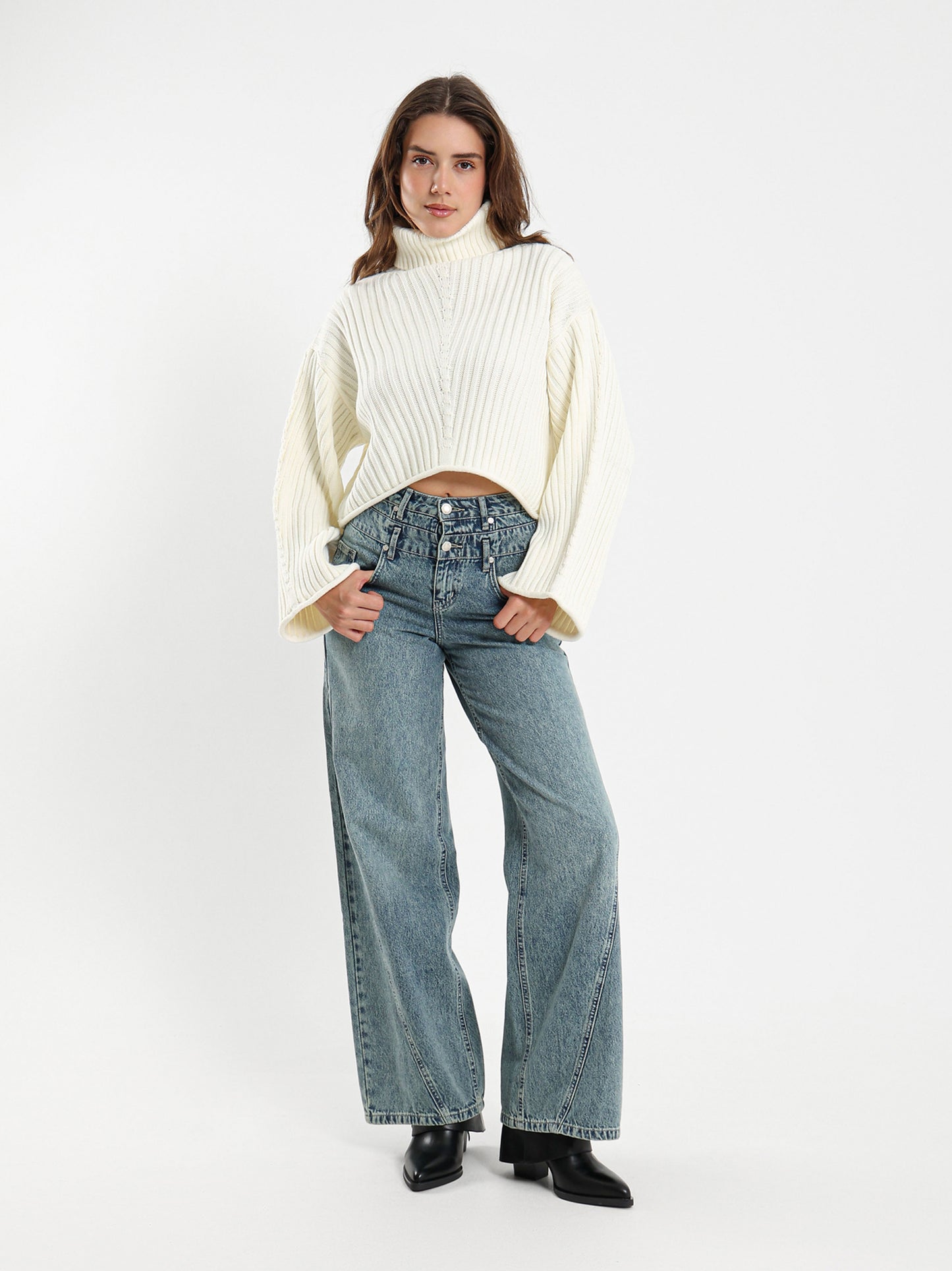 High Neck Cropped Ribbed Pullover