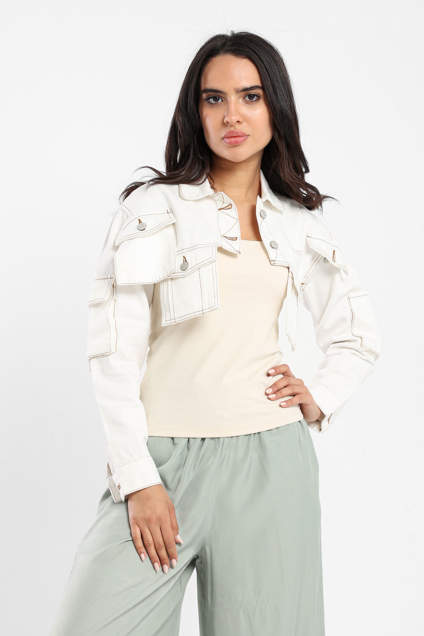 Cropped Denim Jacket With Pockets - Outlet