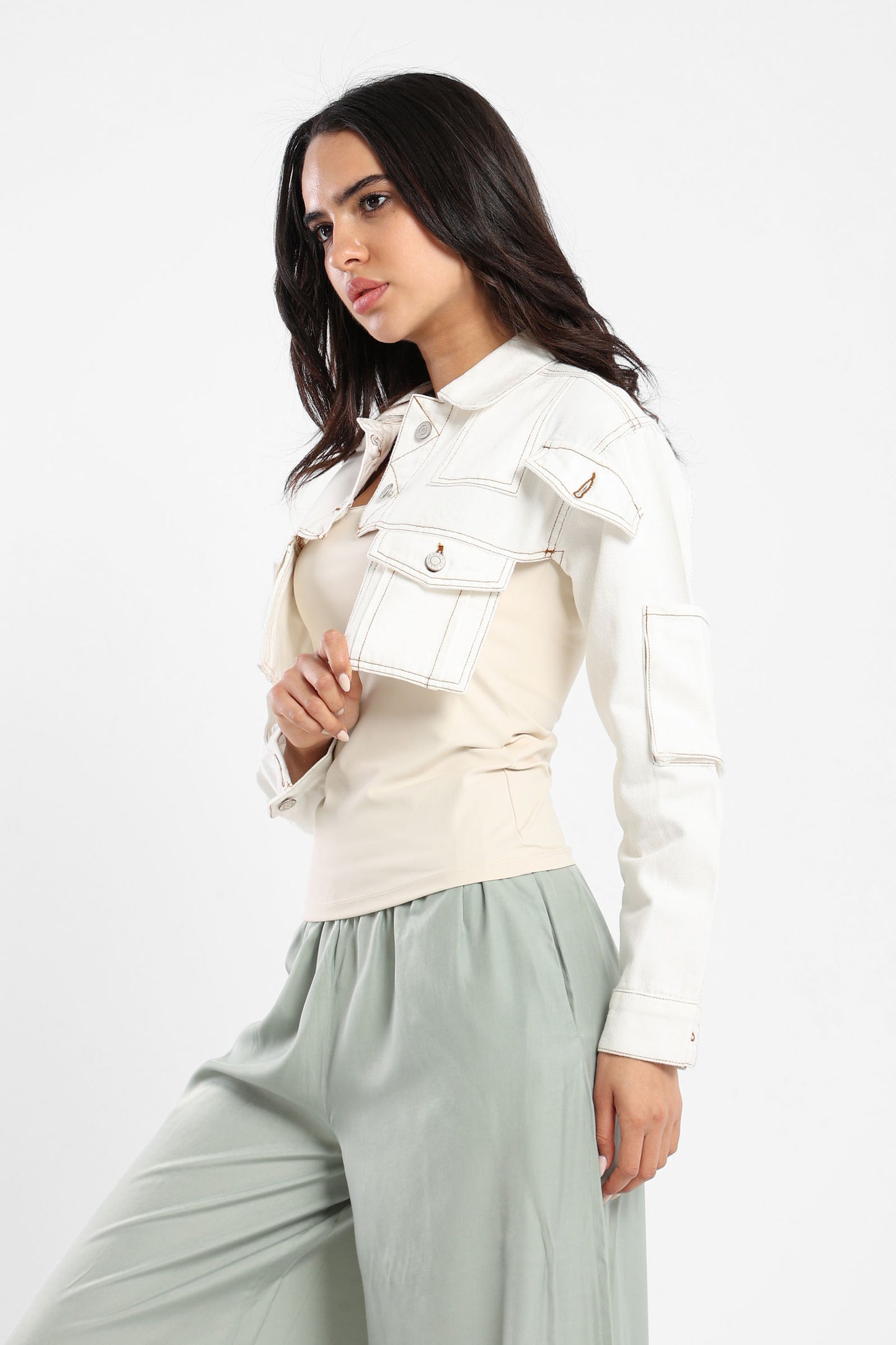 Cropped Denim Jacket With Pockets - Outlet