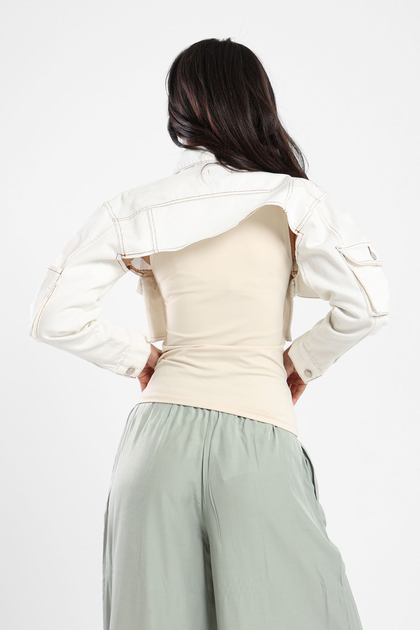 Cropped Denim Jacket With Pockets - Outlet