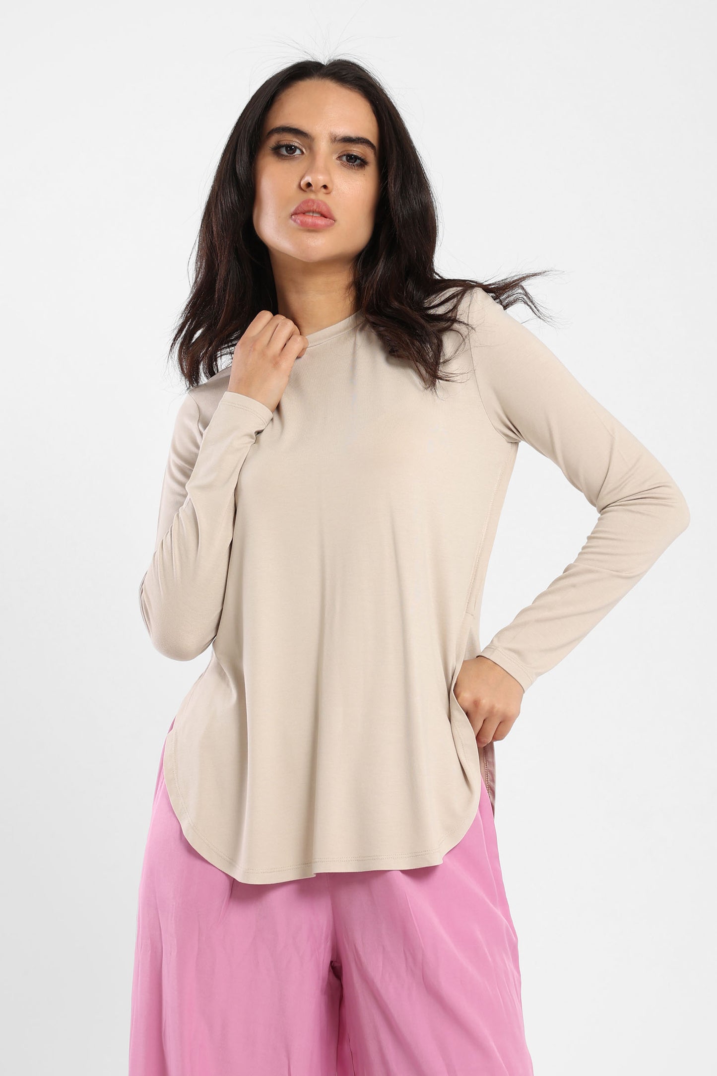 Long Sleeves Hi Low Round Hem Tee - Outlet