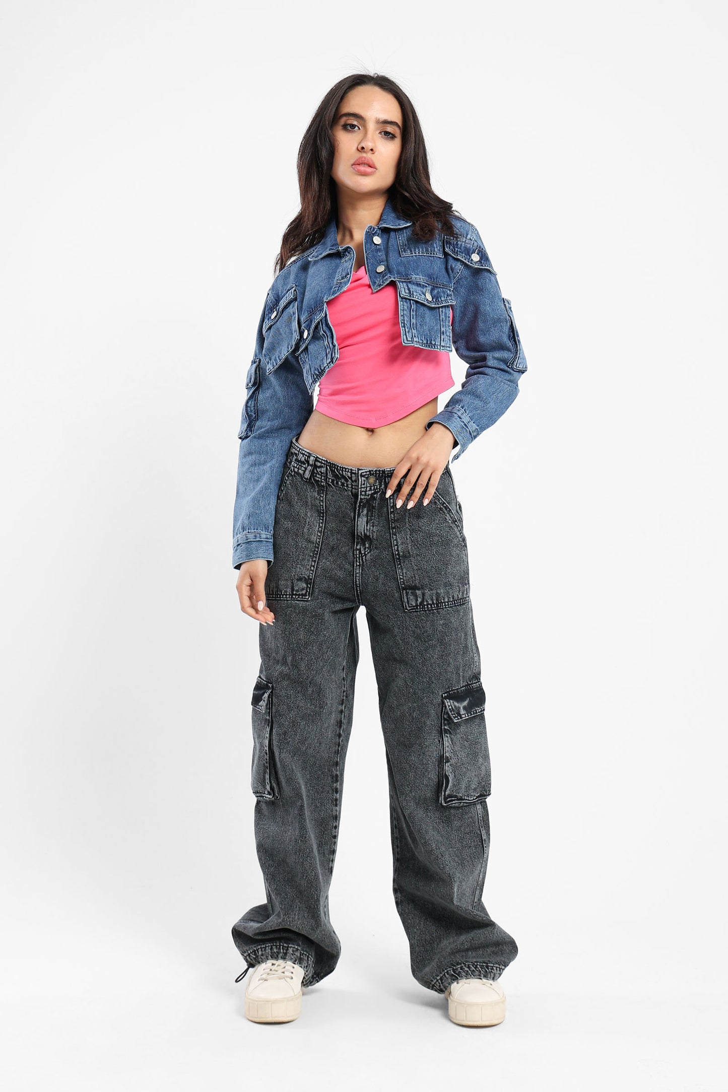 Cropped Denim Jacket With Pockets - Outlet