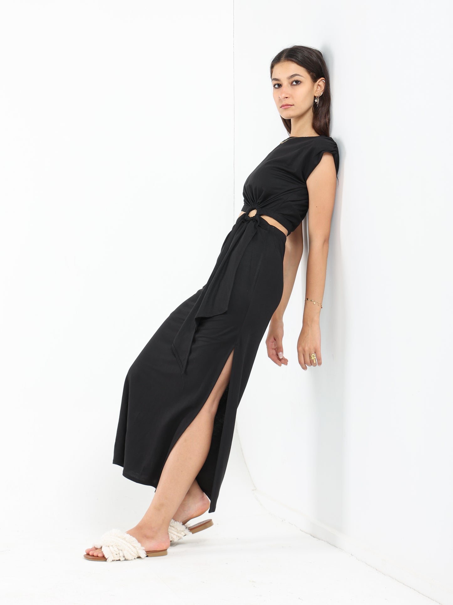 Maxi Dress with Padded Shoulders and Side Slit - Outlet
