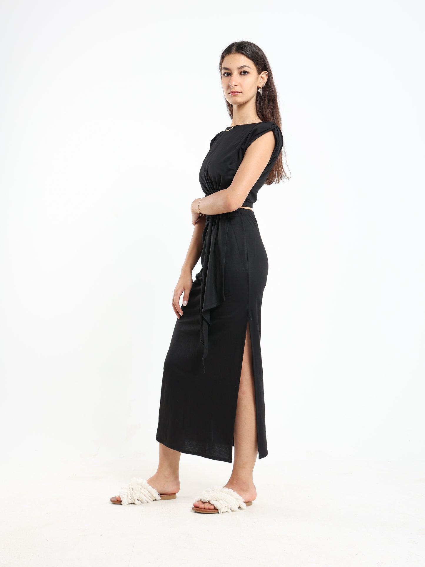 Maxi Dress with Padded Shoulders and Side Slit - Outlet