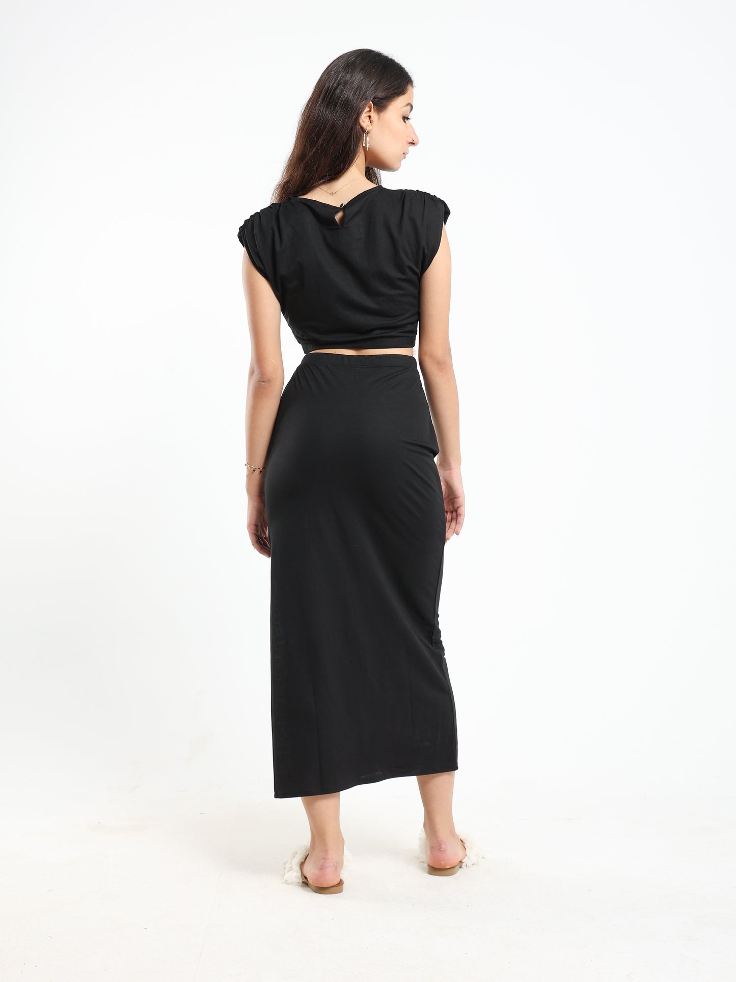 Maxi Dress with Padded Shoulders and Side Slit - Outlet