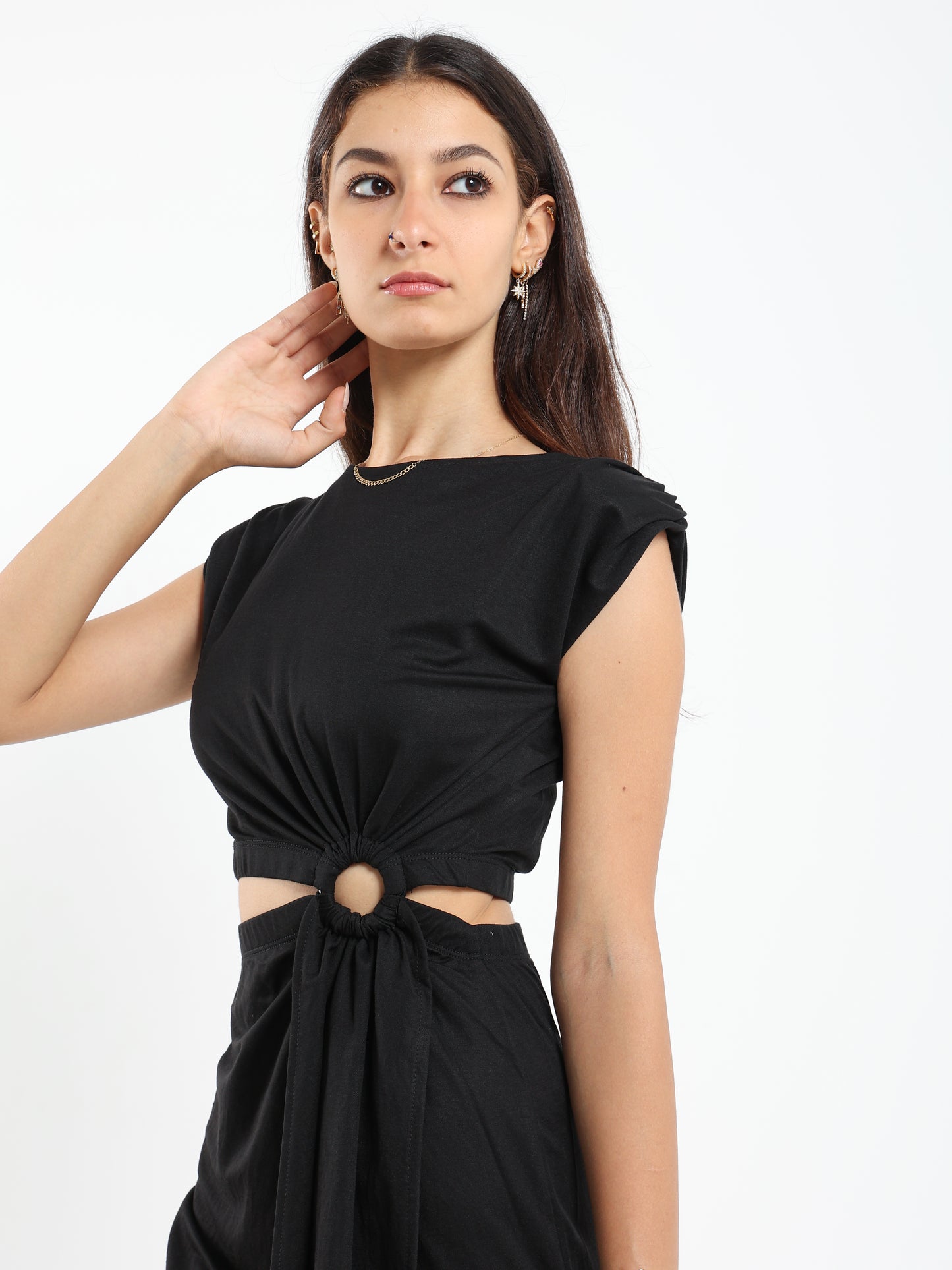 Maxi Dress with Padded Shoulders and Side Slit - Outlet