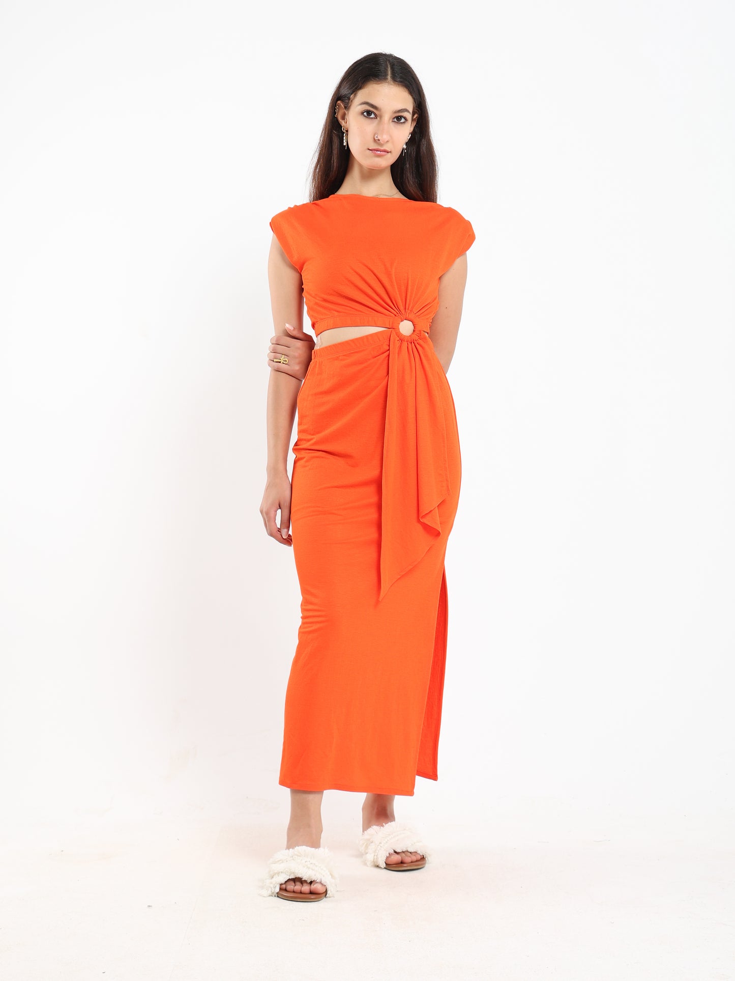 Maxi Dress with Padded Shoulders and Side Slit - Outlet