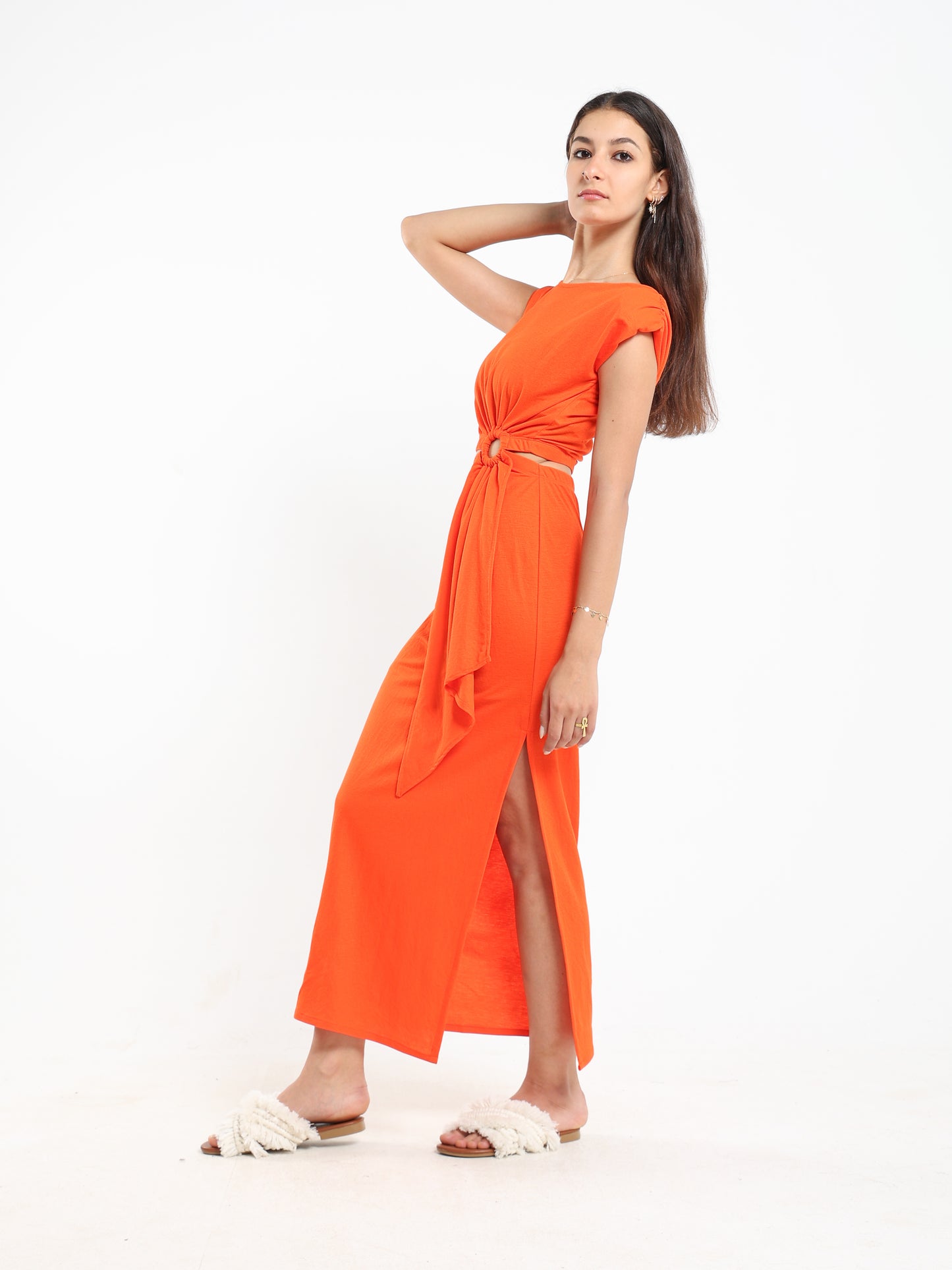 Maxi Dress with Padded Shoulders and Side Slit - Outlet
