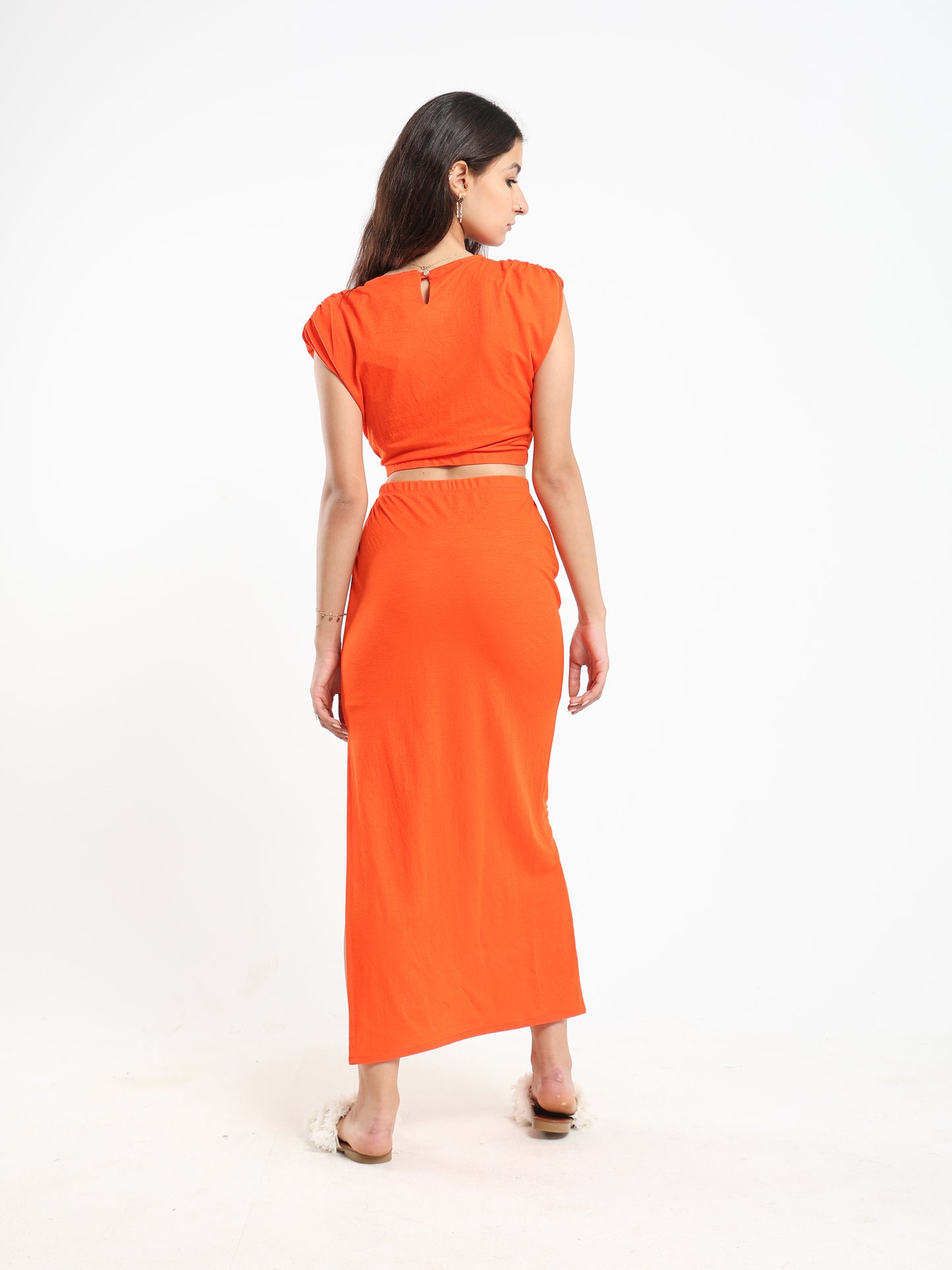Maxi Dress with Padded Shoulders and Side Slit - Outlet