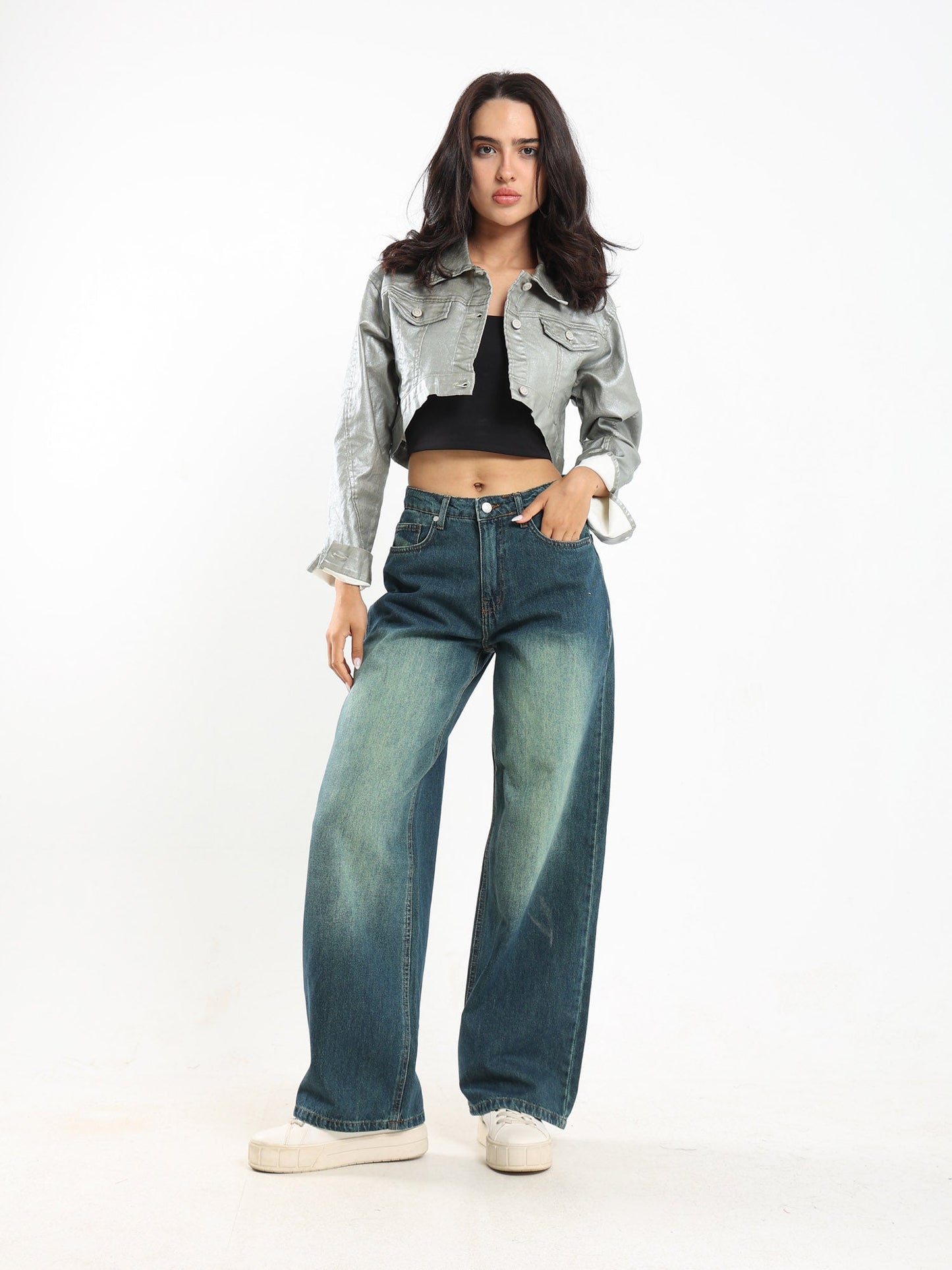 Jacket Metalic Cropped Denim Jacket - Outlet