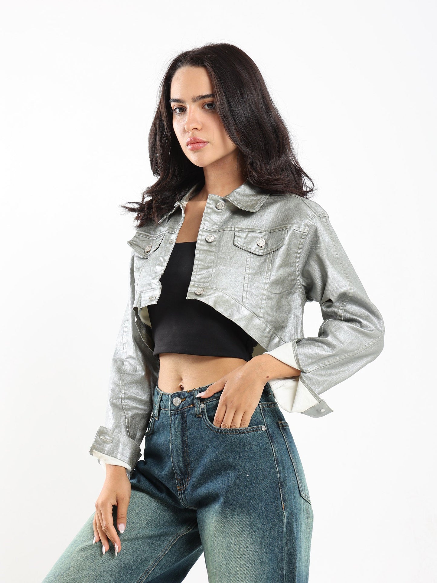 Jacket Metalic Cropped Denim Jacket - Outlet