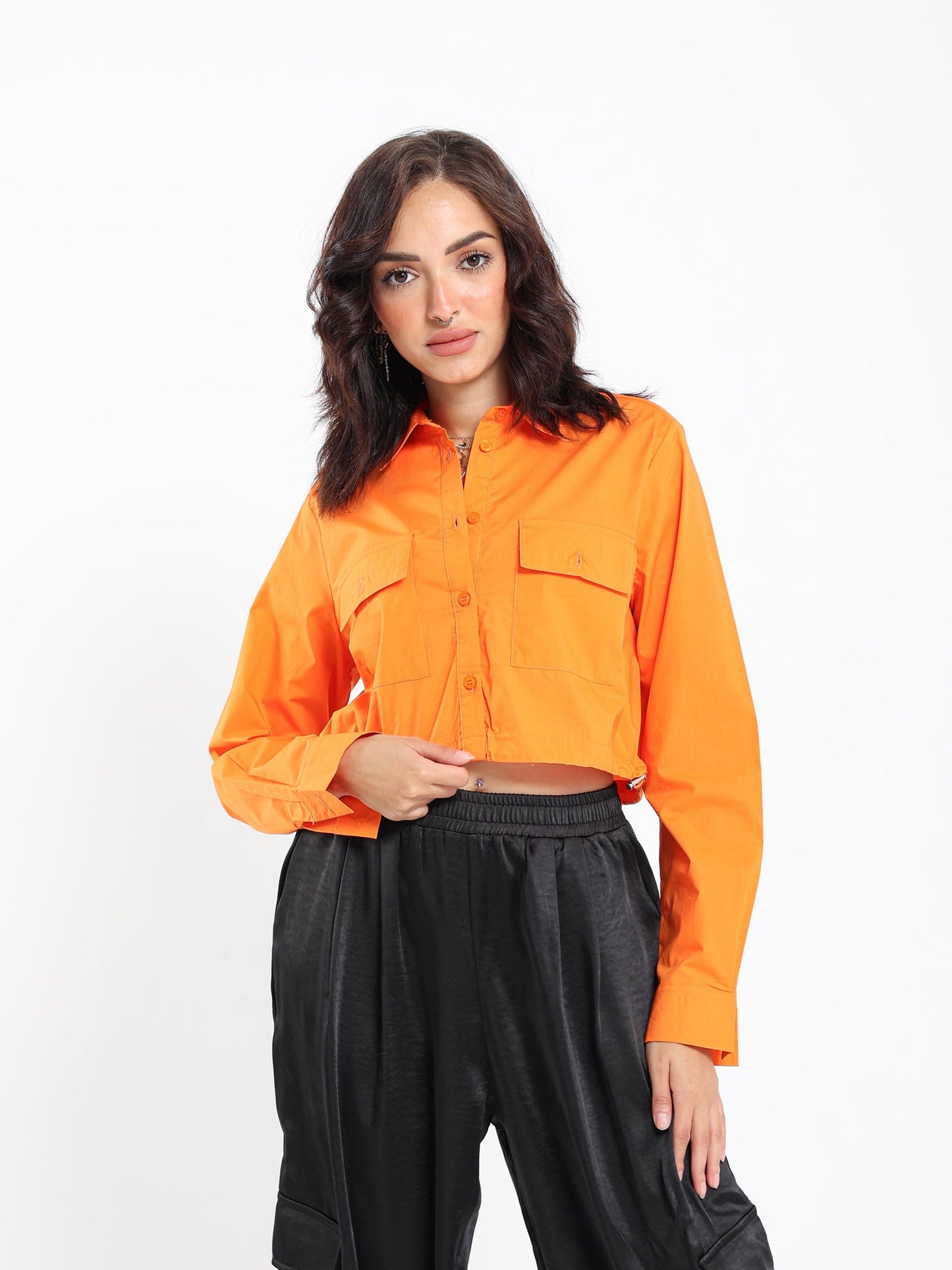 Elastic Hem Shirt With Front Pocket - Outlet