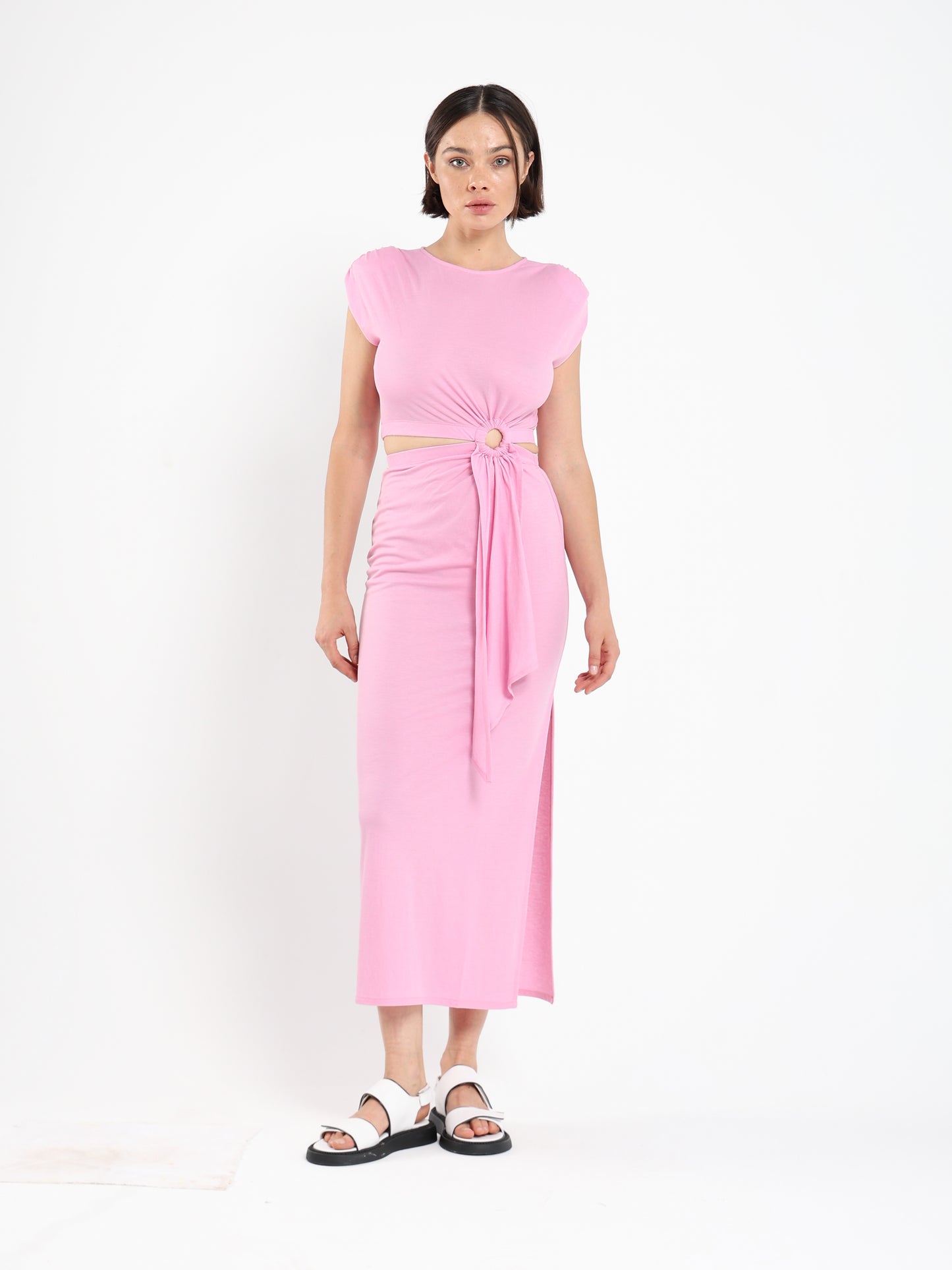 Maxi Dress with Padded Shoulders and Side Slit - Outlet