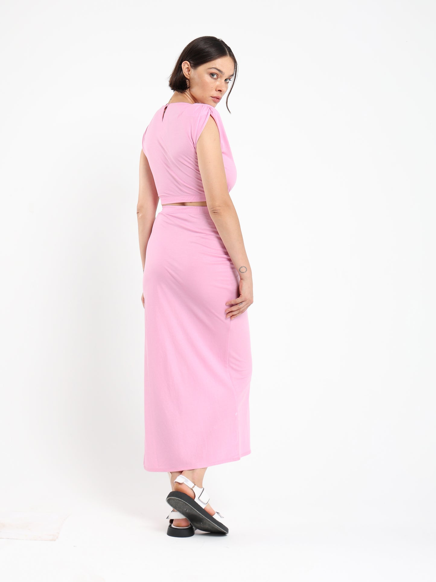 Maxi Dress with Padded Shoulders and Side Slit - Outlet