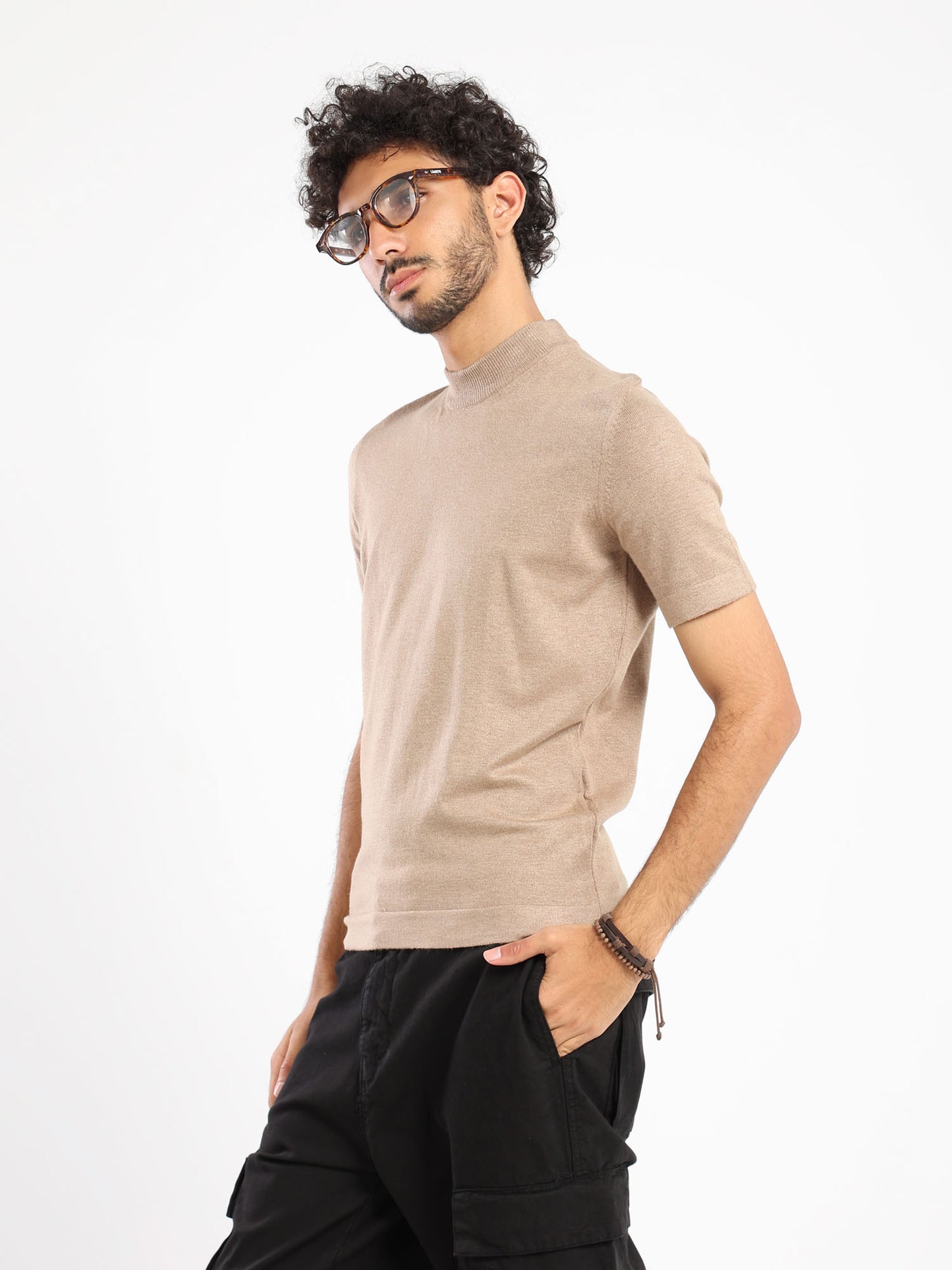 Mock Neck Tricot Tee With Striped Hem - Outlet