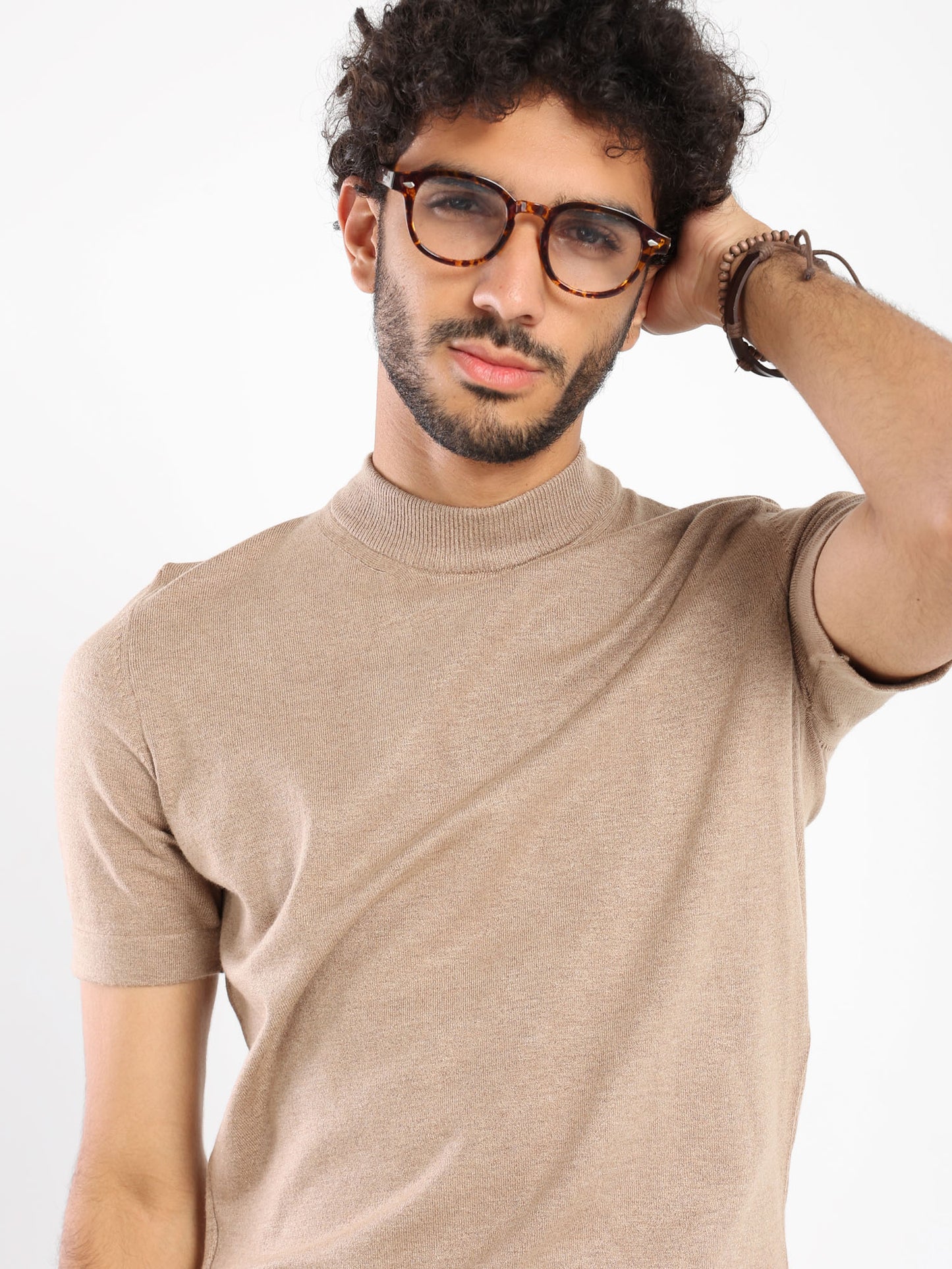 Mock Neck Tricot Tee With Striped Hem - Outlet