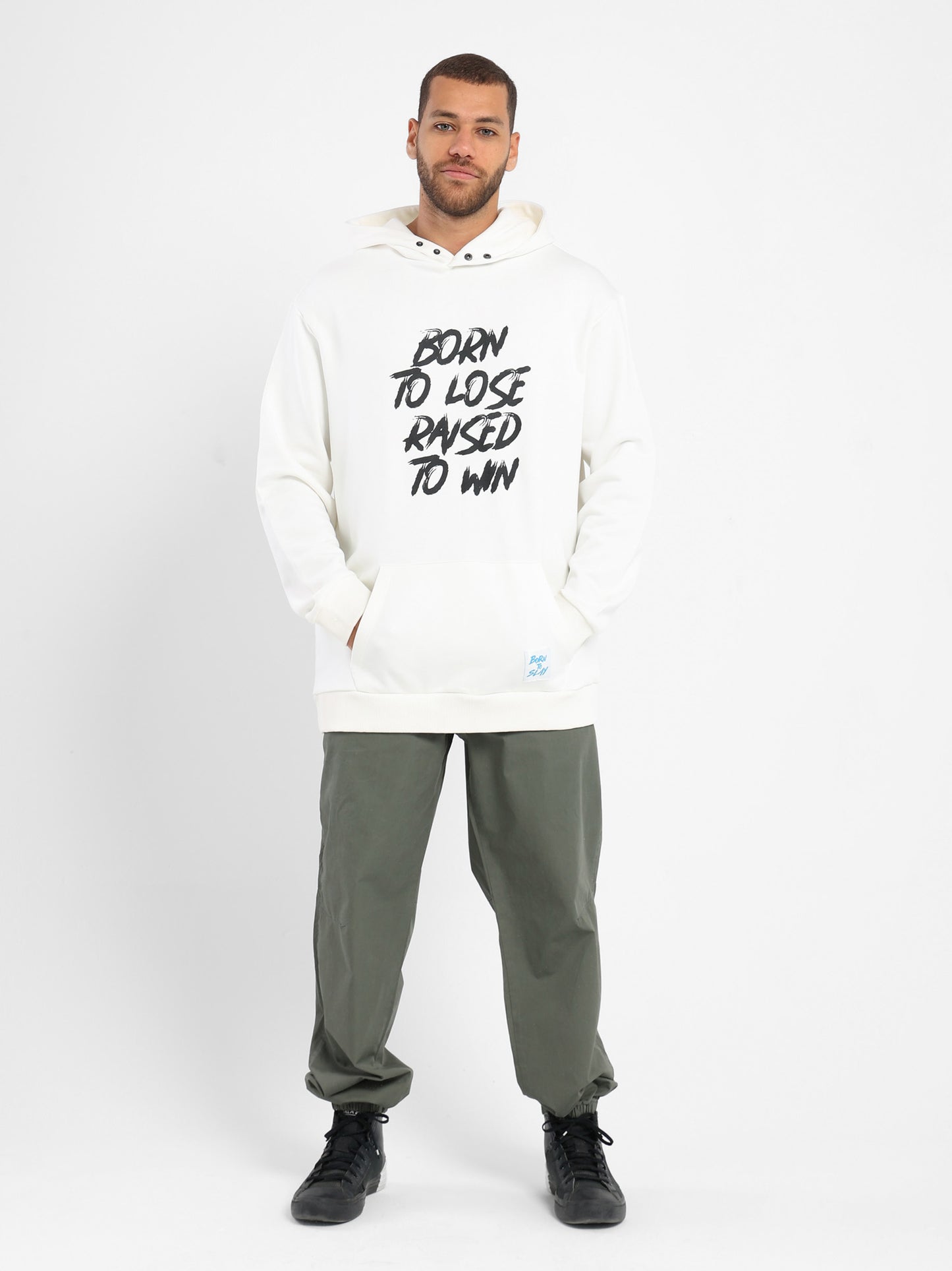 Raised To Win Print Hoodie With Woven Badge On Pocket - Outlet