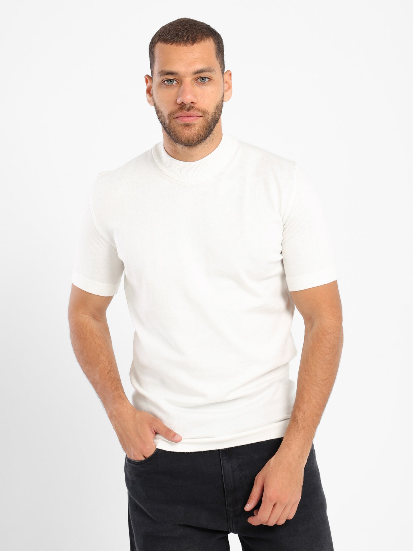 Mock Neck Tricot Tee With Striped Hem - Outlet