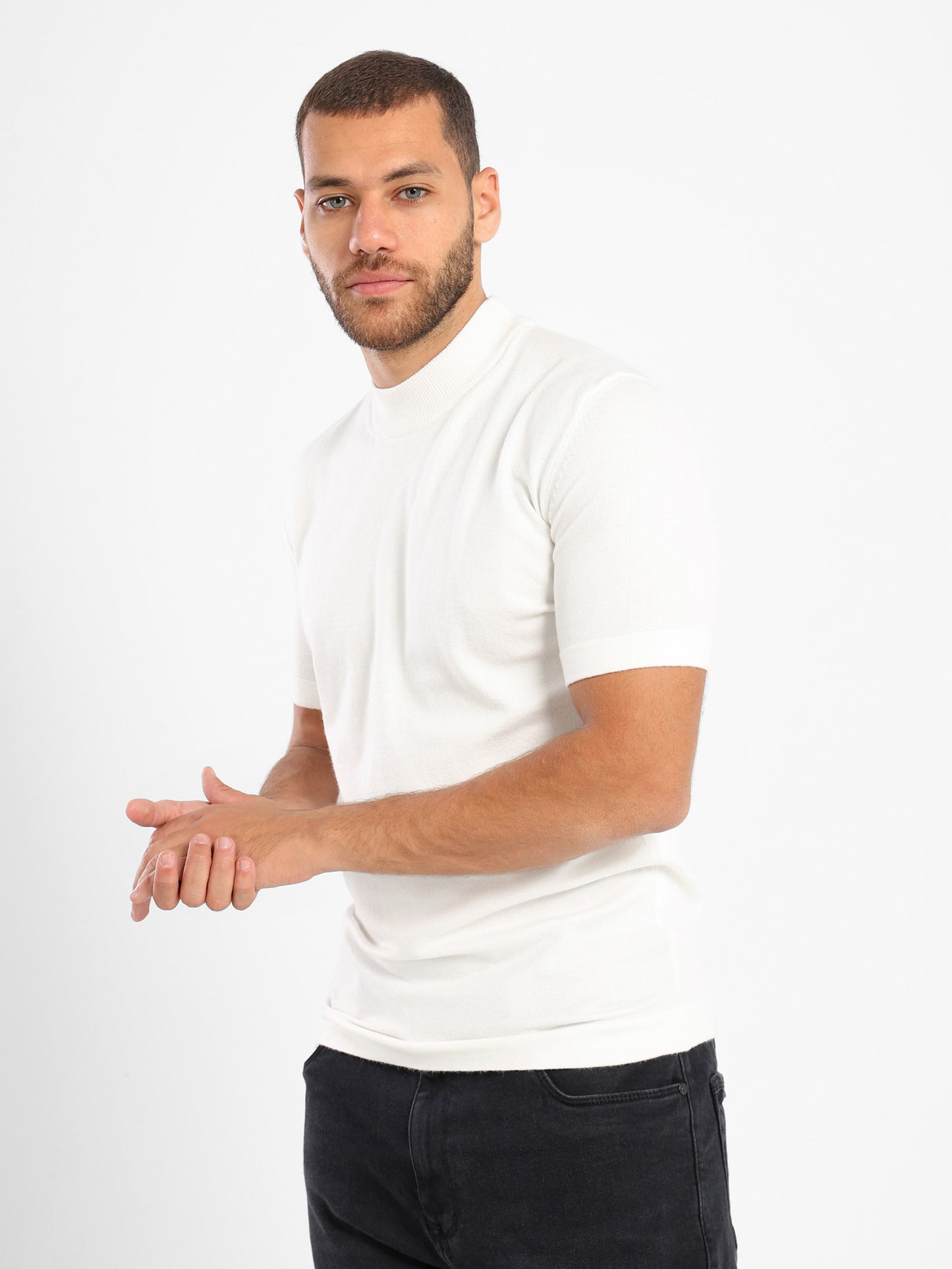 Mock Neck Tricot Tee With Striped Hem - Outlet