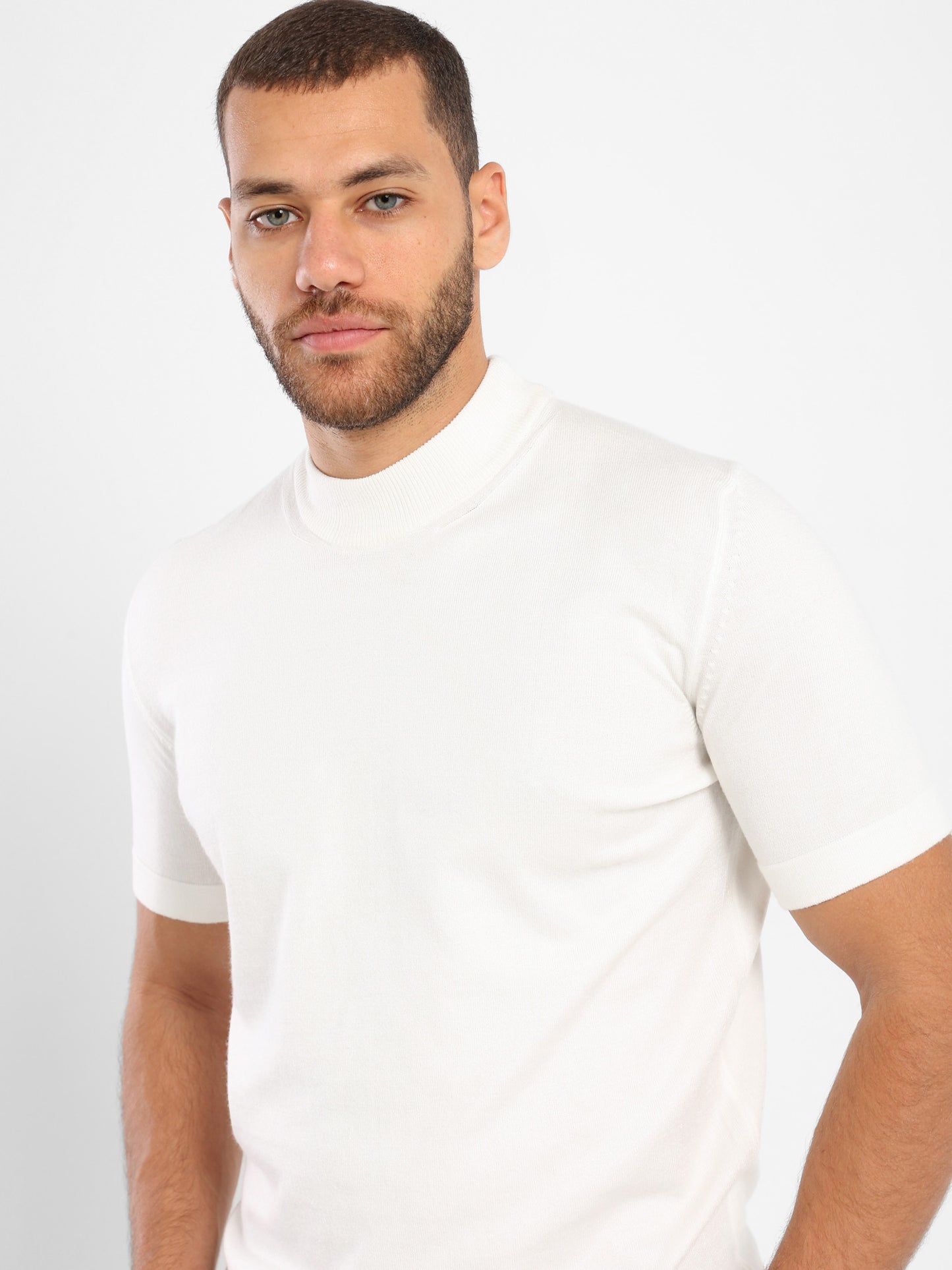 Mock Neck Tricot Tee With Striped Hem - Outlet