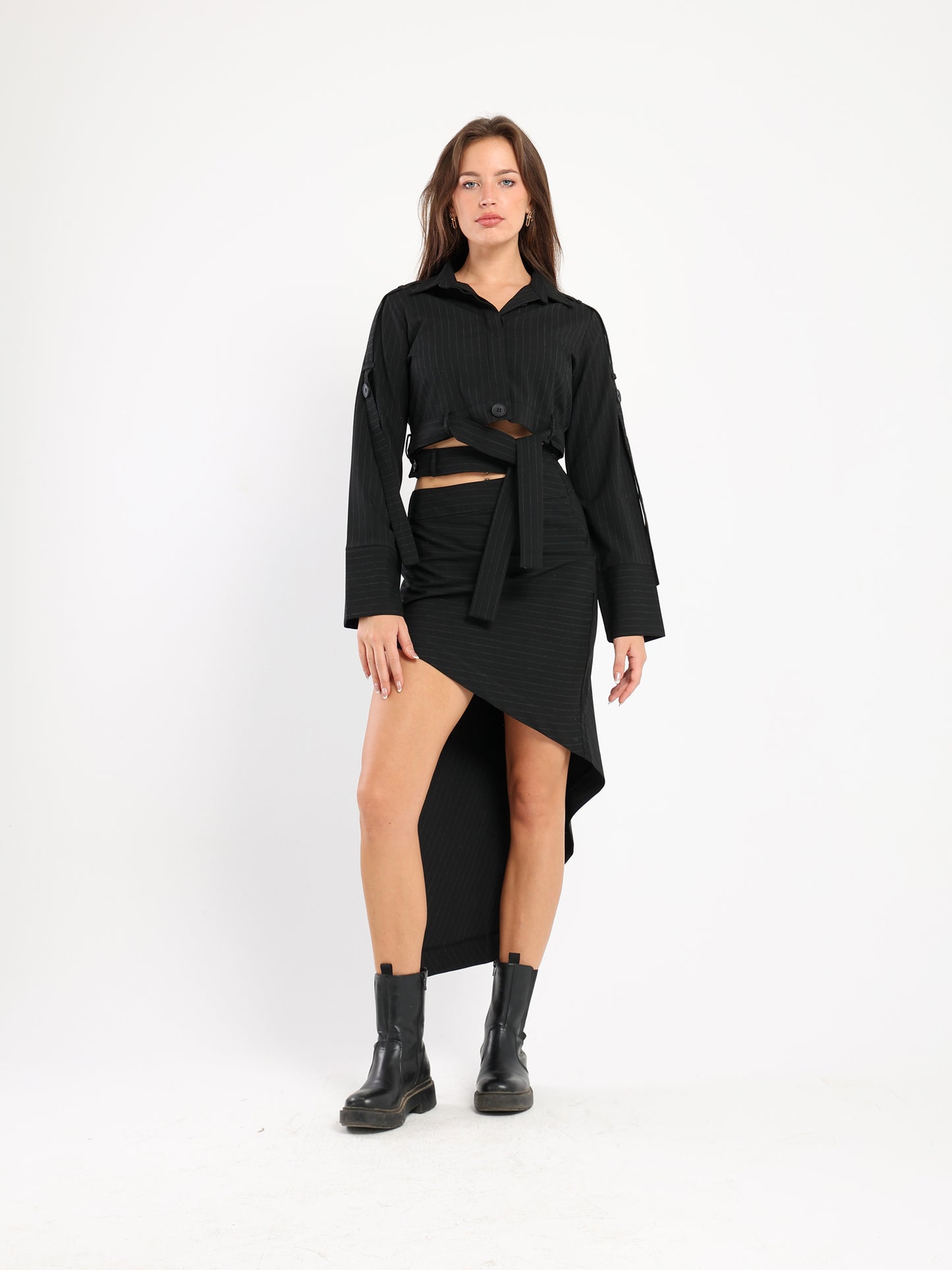 Pin Stripe Asymmetric Hem Skirt - Outlet
