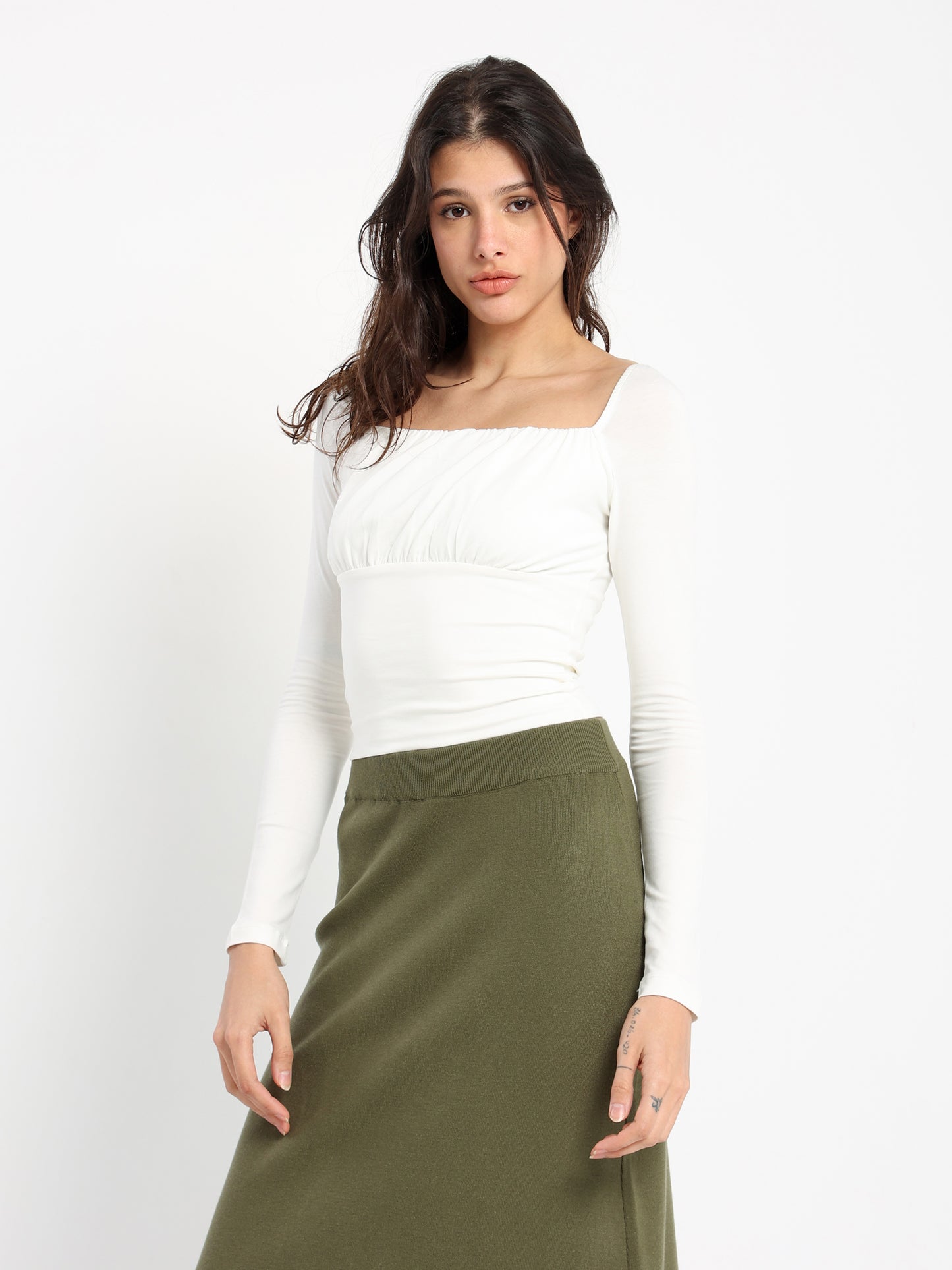 Round Neck Long Sleeve Gathered Top