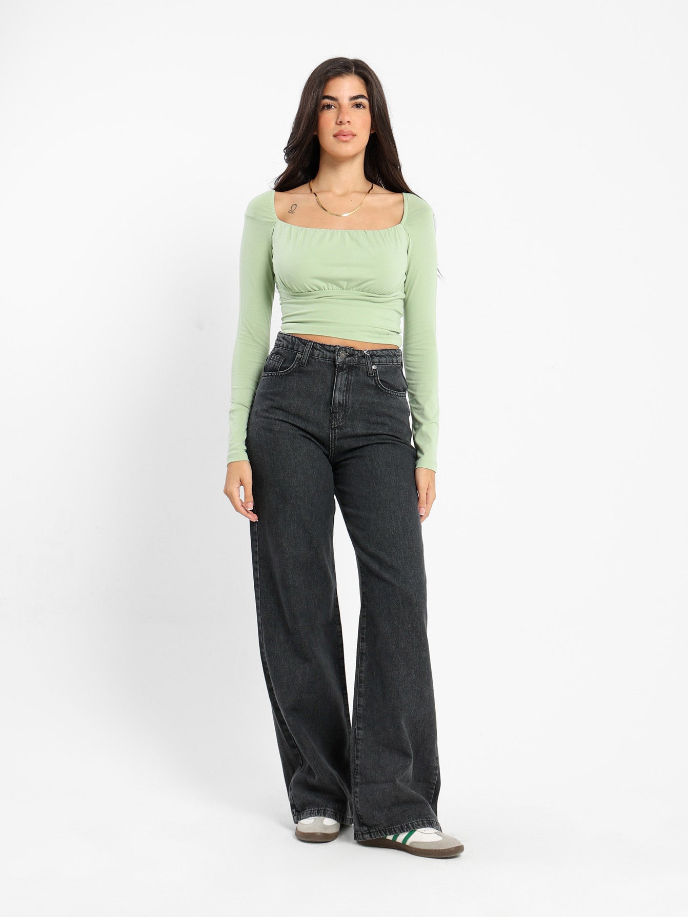 Round Neck Long Sleeve Gathered Top