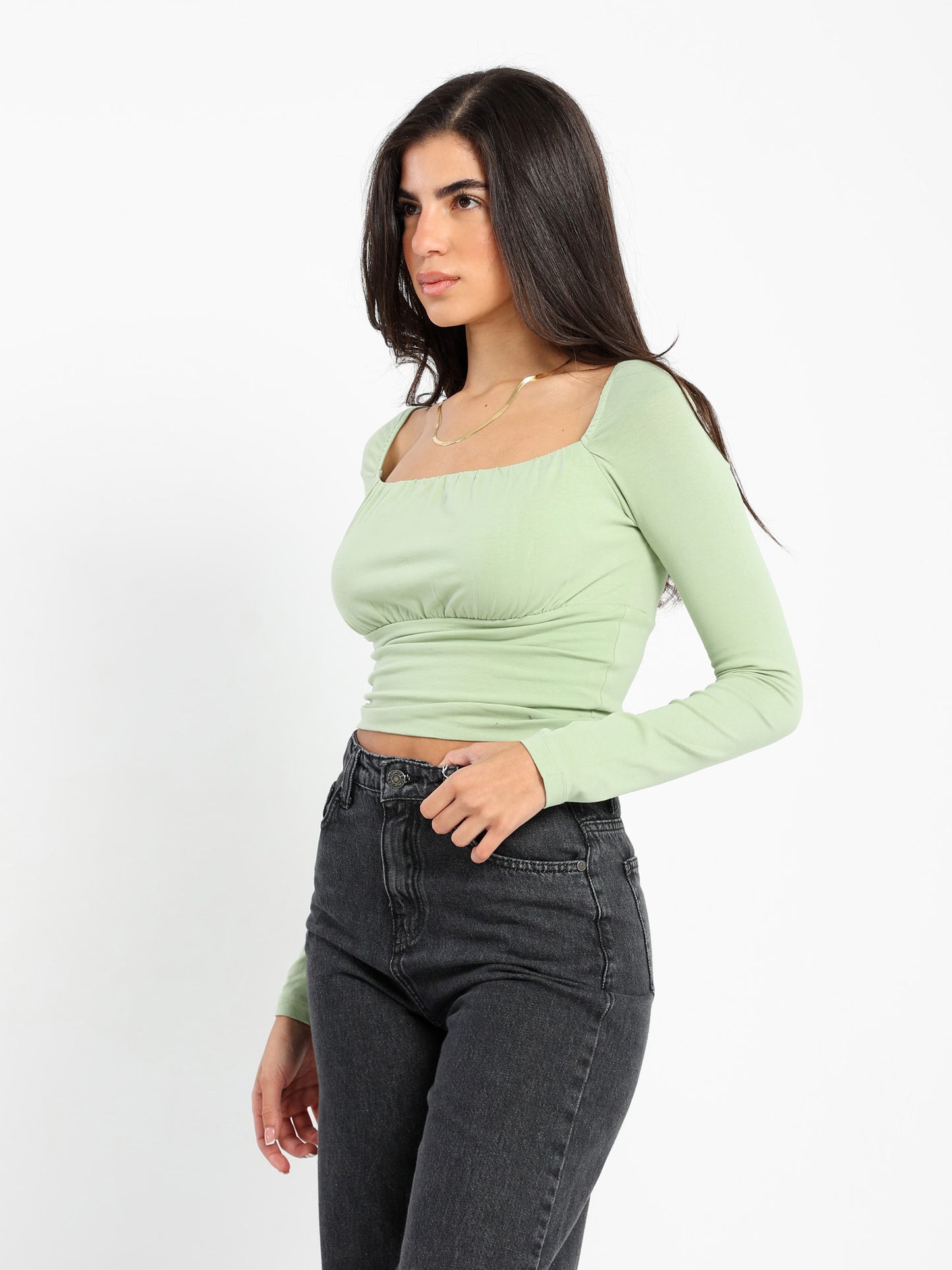 Round Neck Long Sleeve Gathered Top