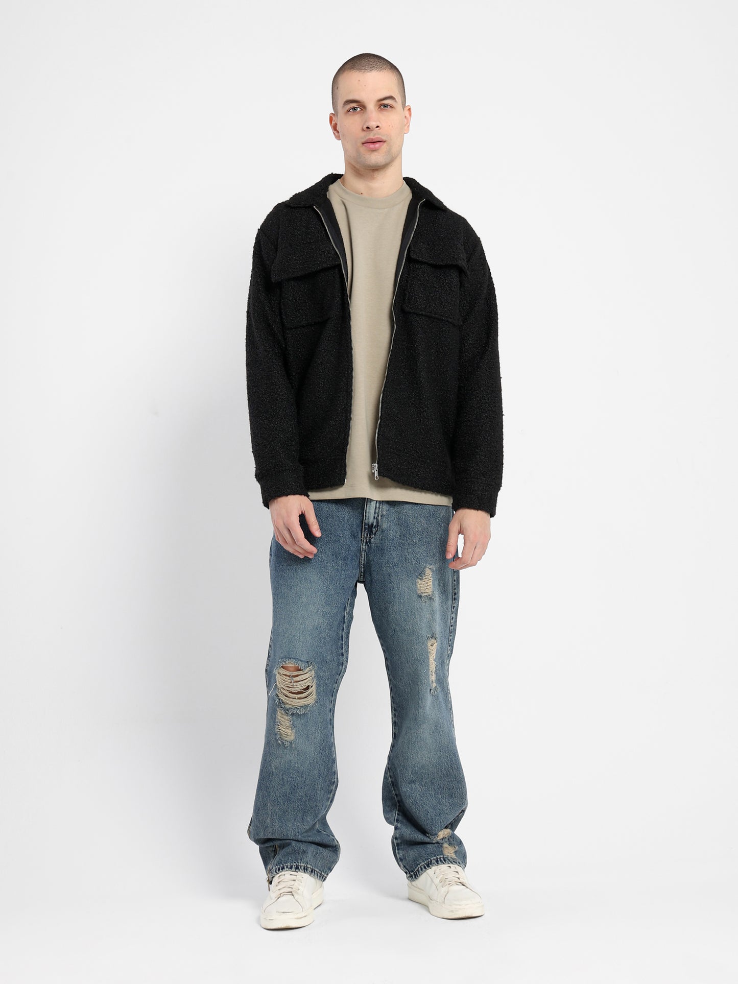 Straight Ripped Jeans with Back Foil Print