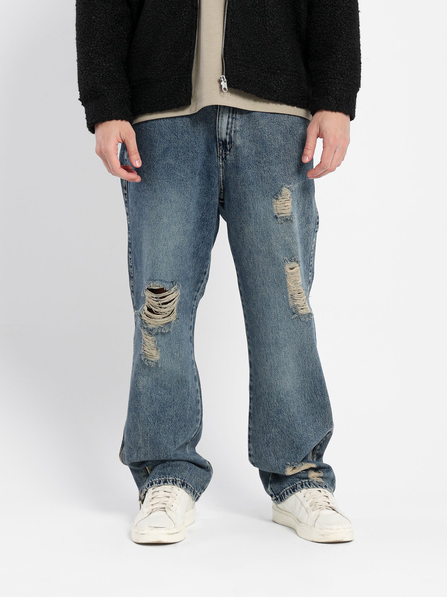 Straight Ripped Jeans with Back Foil Print