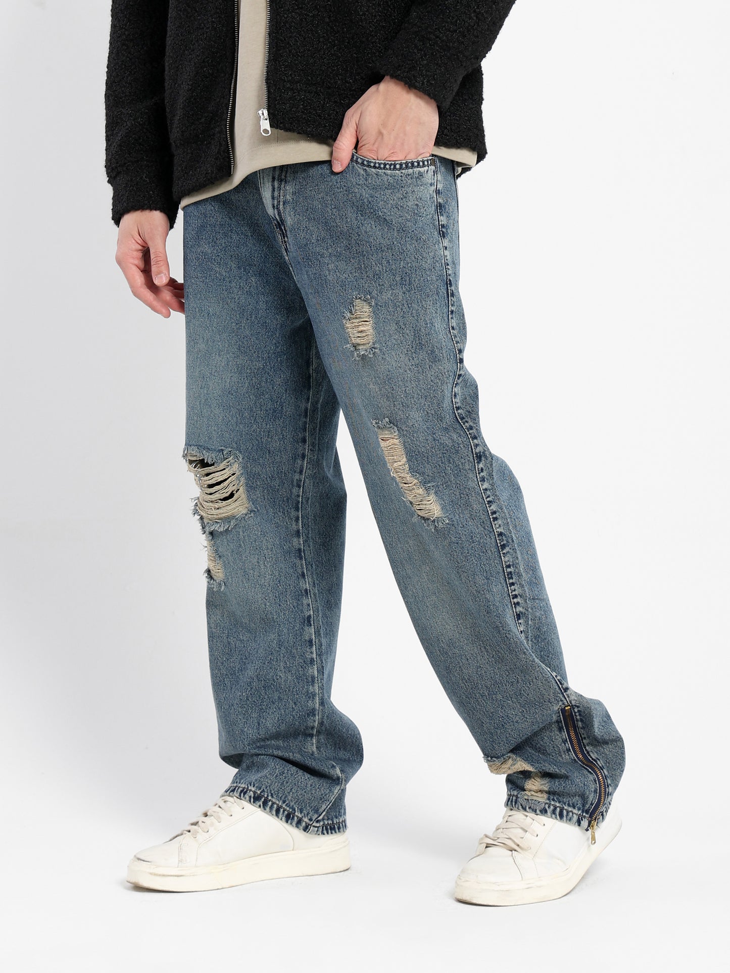 Straight Ripped Jeans with Back Foil Print