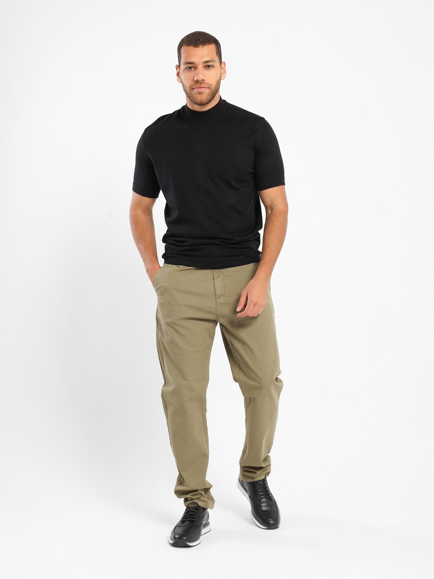 Mock Neck Tricot Tee With Striped Hem - Outlet