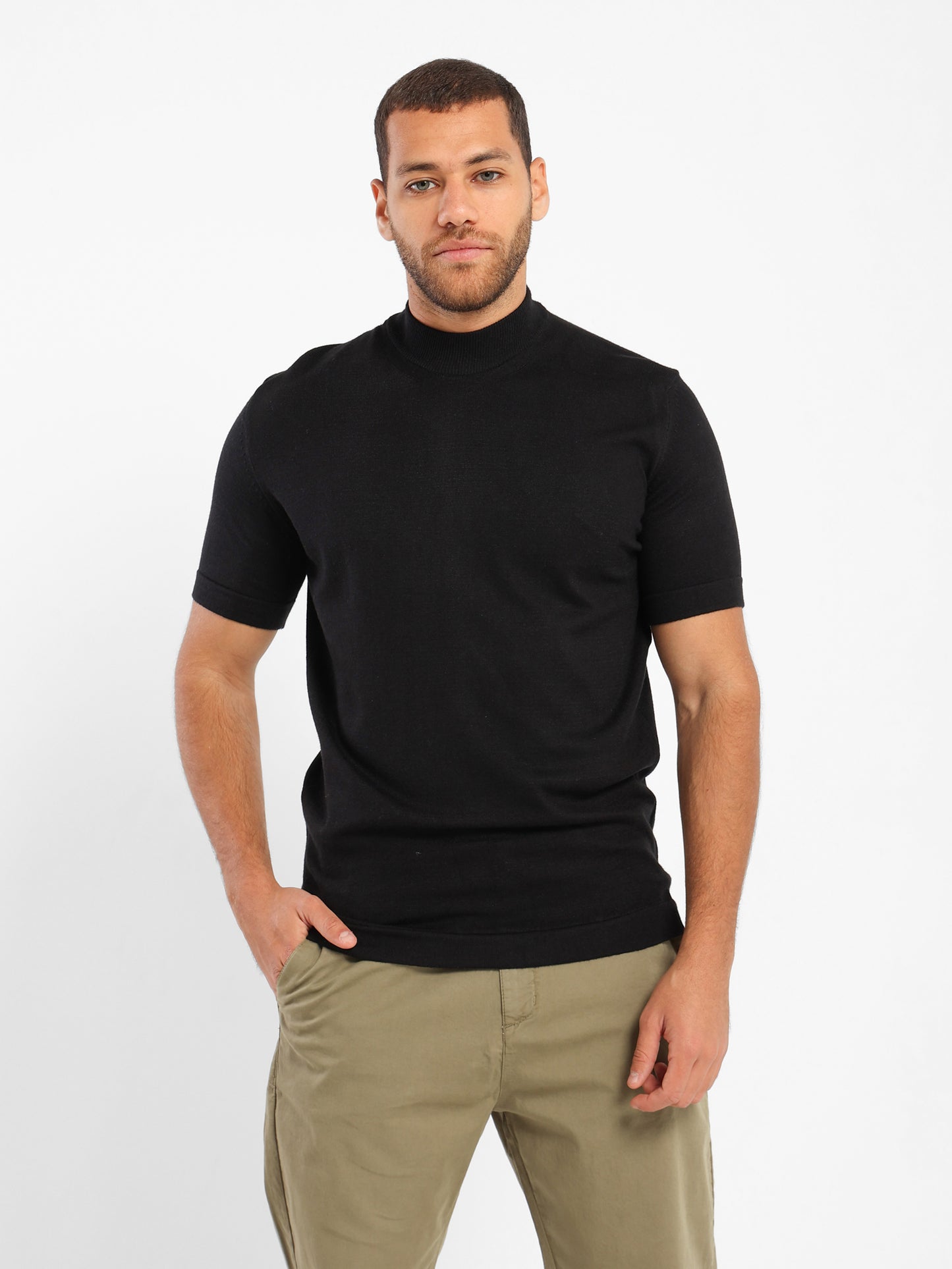 Mock Neck Tricot Tee With Striped Hem - Outlet