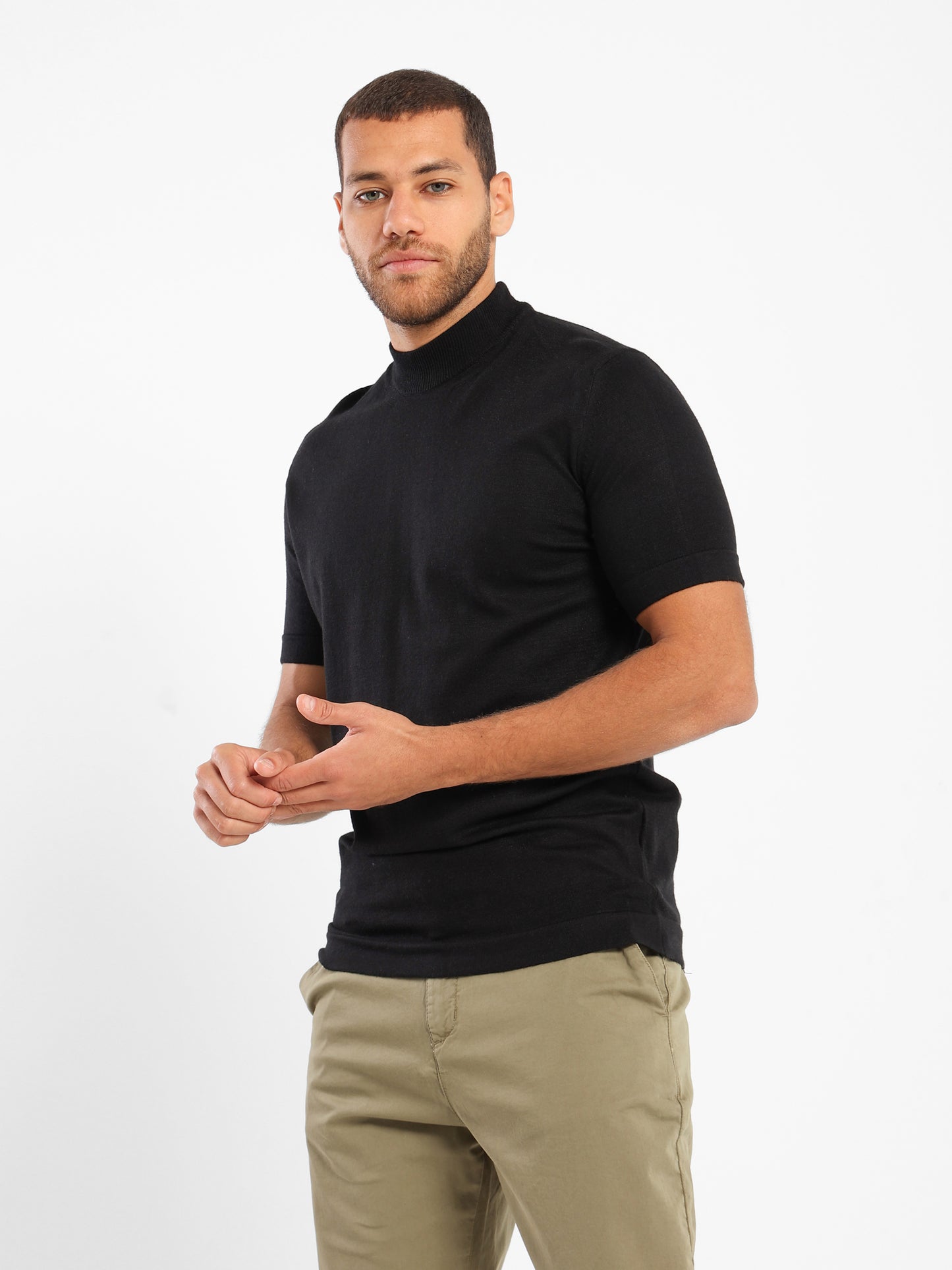 Mock Neck Tricot Tee With Striped Hem - Outlet