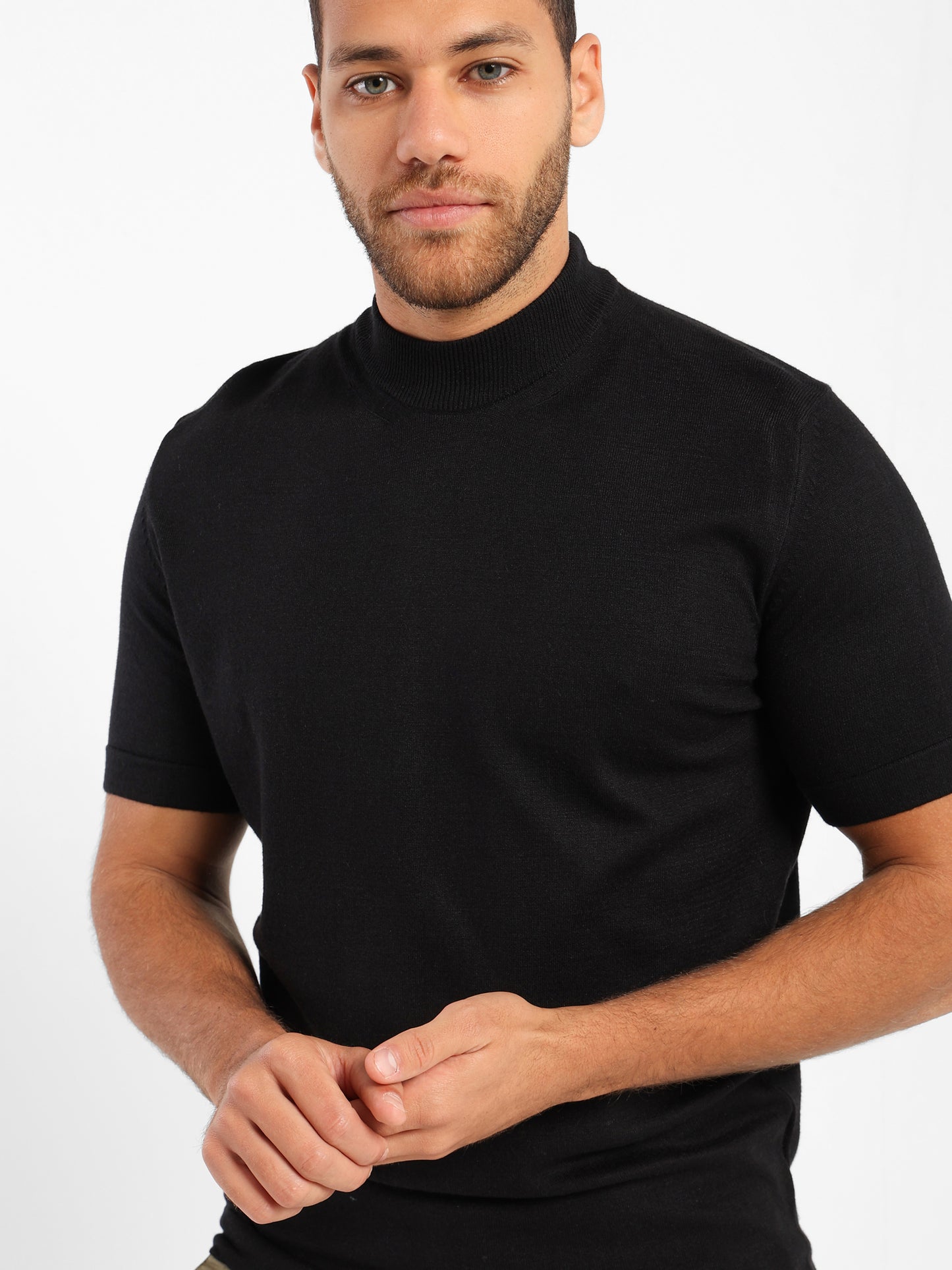 Mock Neck Tricot Tee With Striped Hem - Outlet