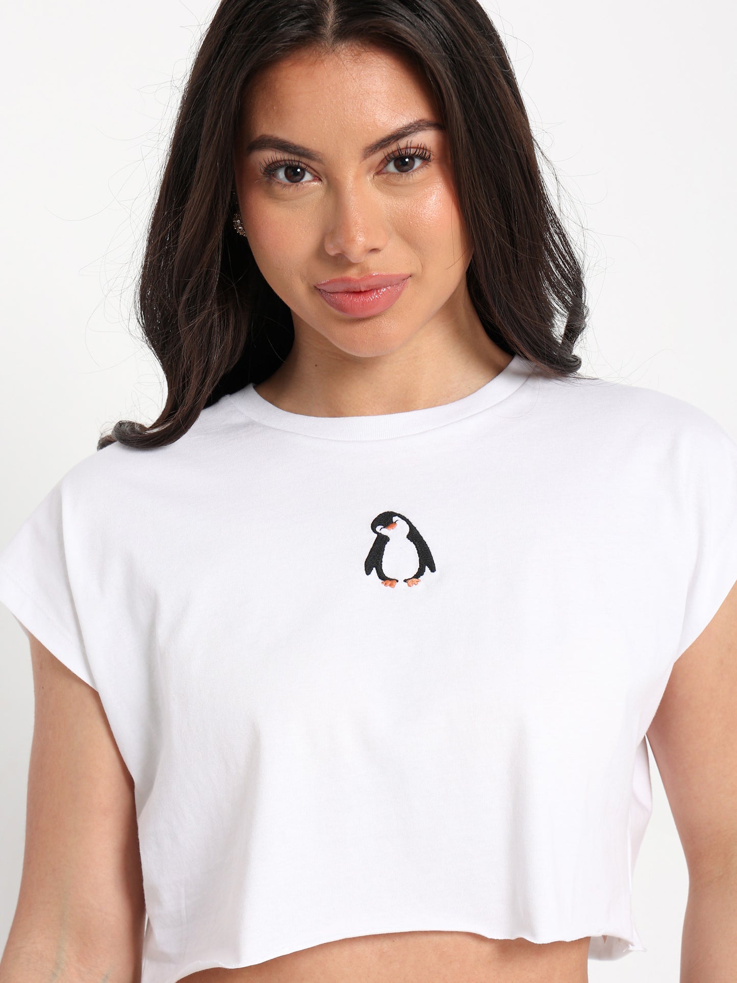 Penguin Embroidered Cropped T-Shirt