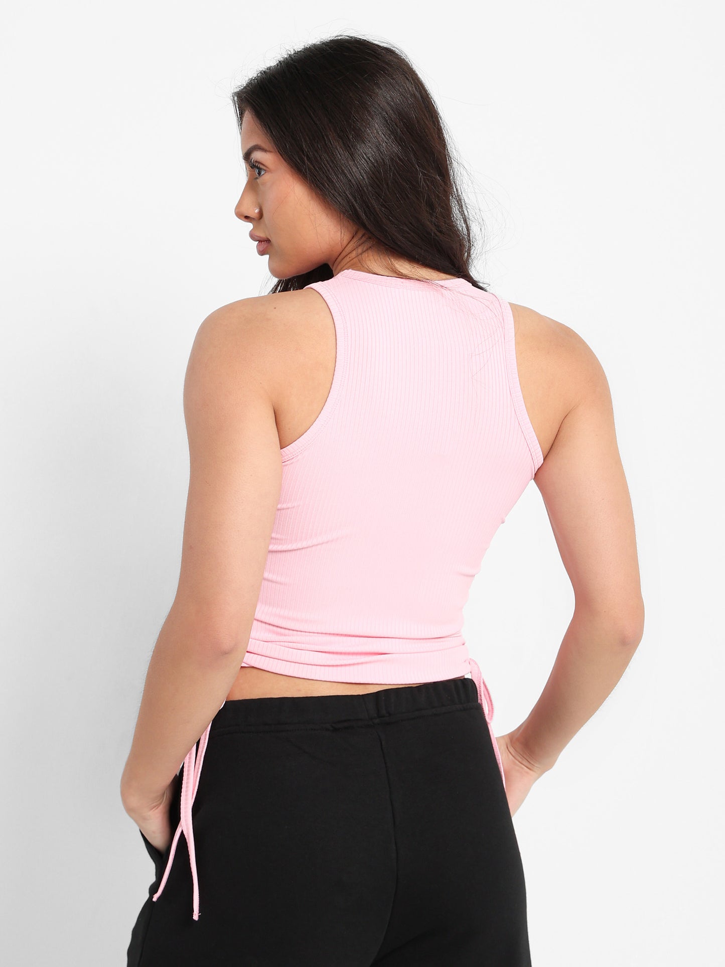 Sleeveless Ribbed Top with Drawstring