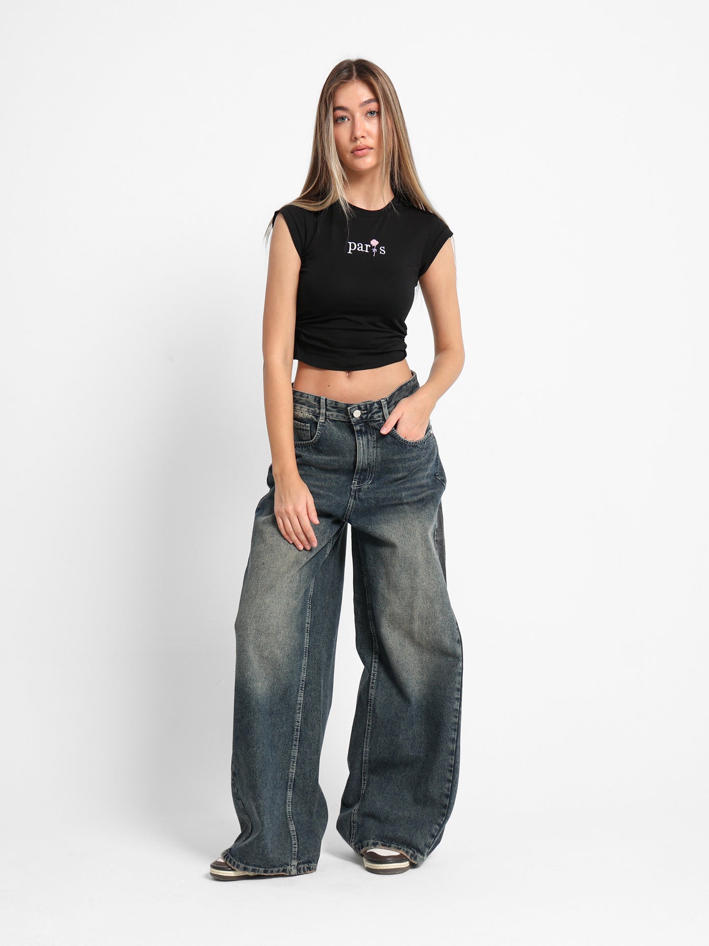 Paris Embroidered T-Shirt with Side Ruching