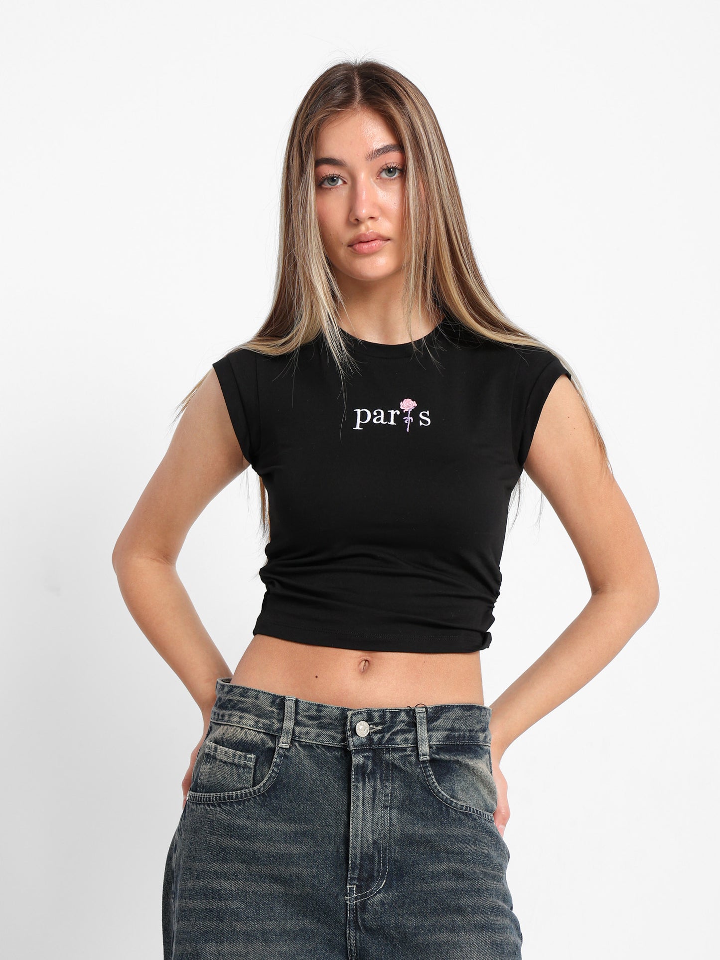 Paris Embroidered T-Shirt with Side Ruching