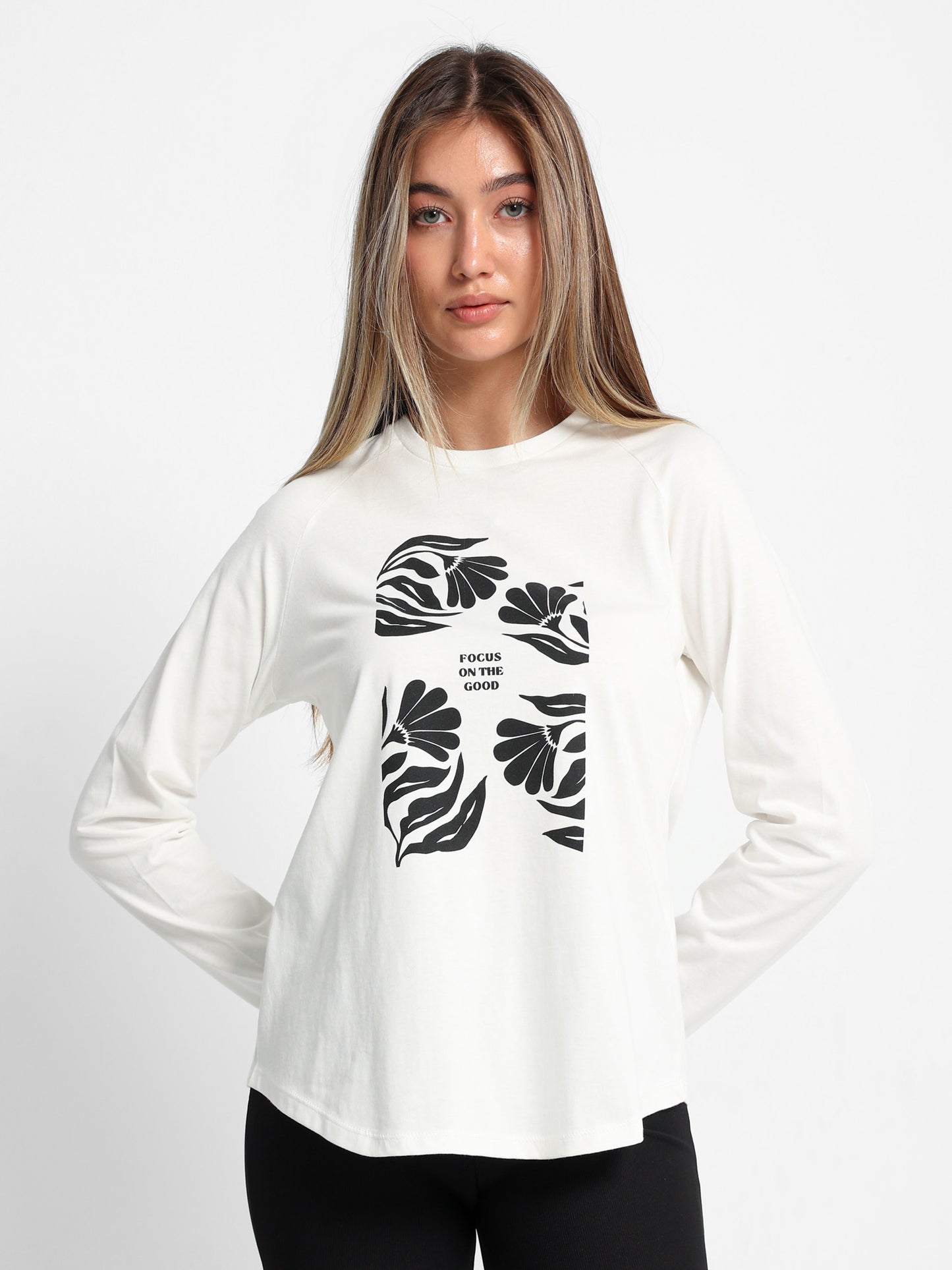 "Focus on The Good" Printed Raglan Sleeve T-Shirt