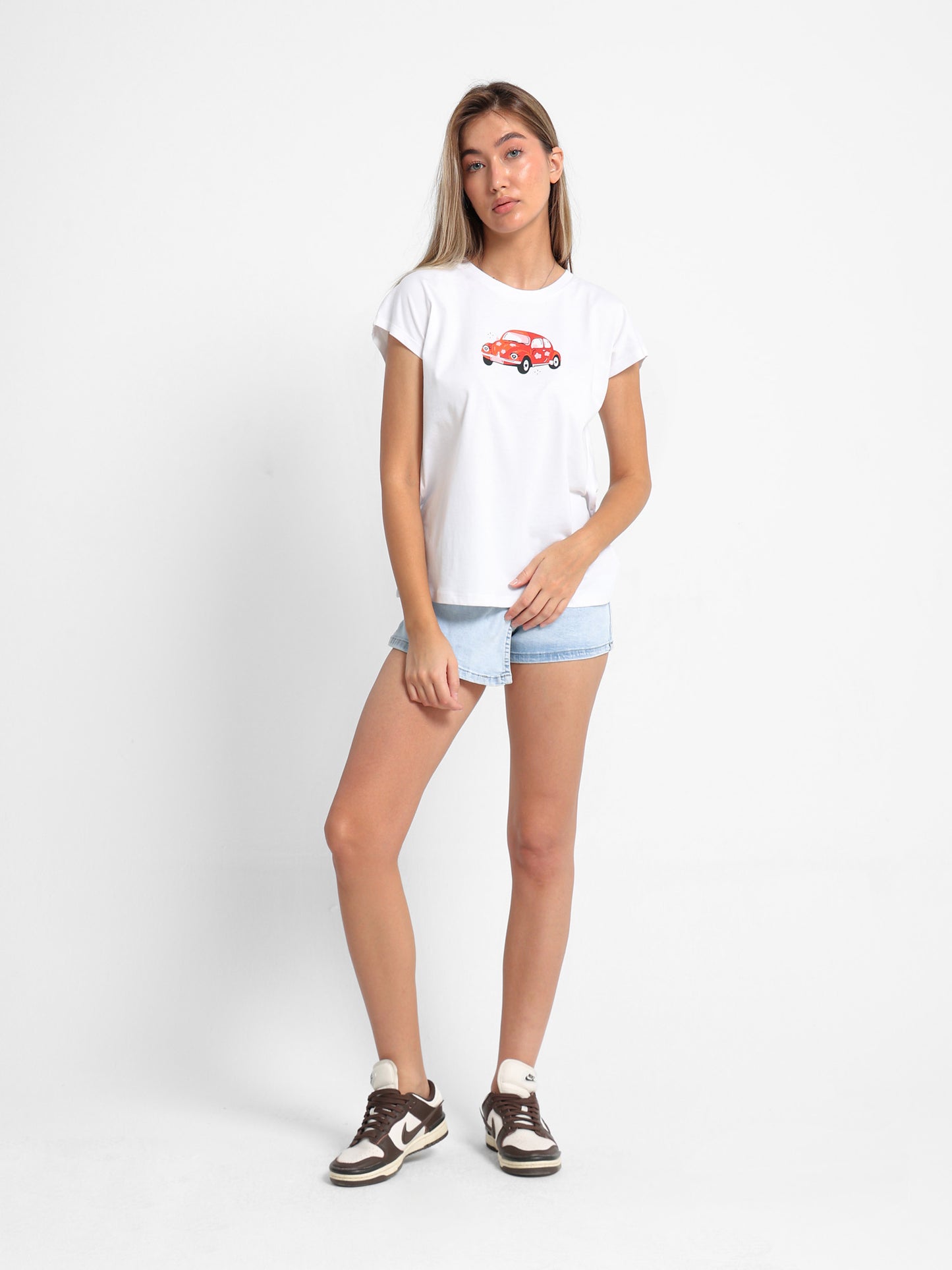 "Car" Print Cap Sleeve T-Shirt