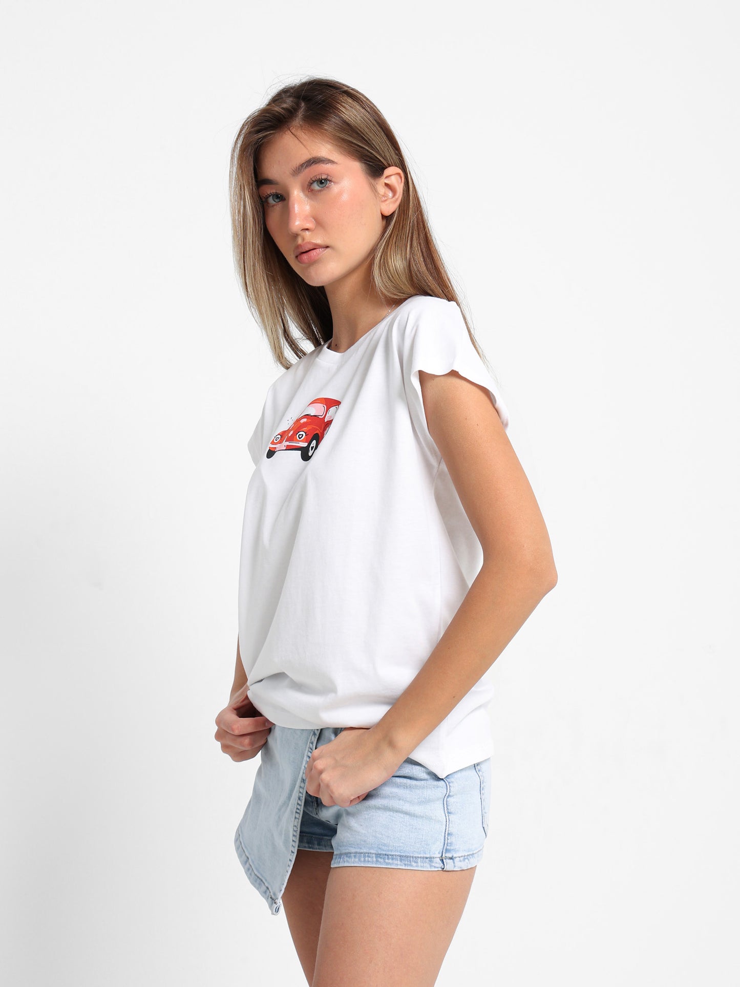 "Car" Print Cap Sleeve T-Shirt